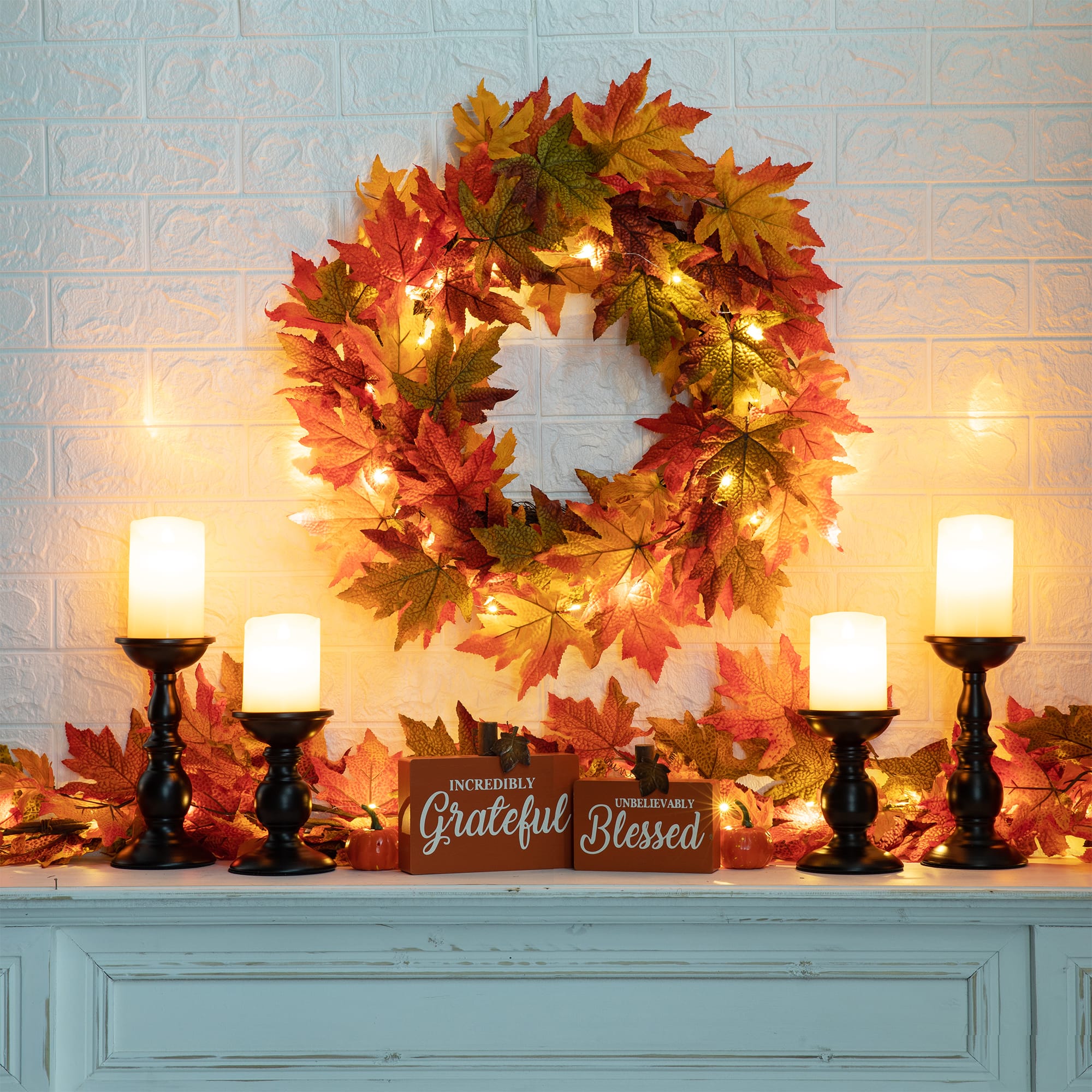 Glitzhome&#xAE; 24&#x22; Fall Lighted Maple Leaves Wreath with Timer