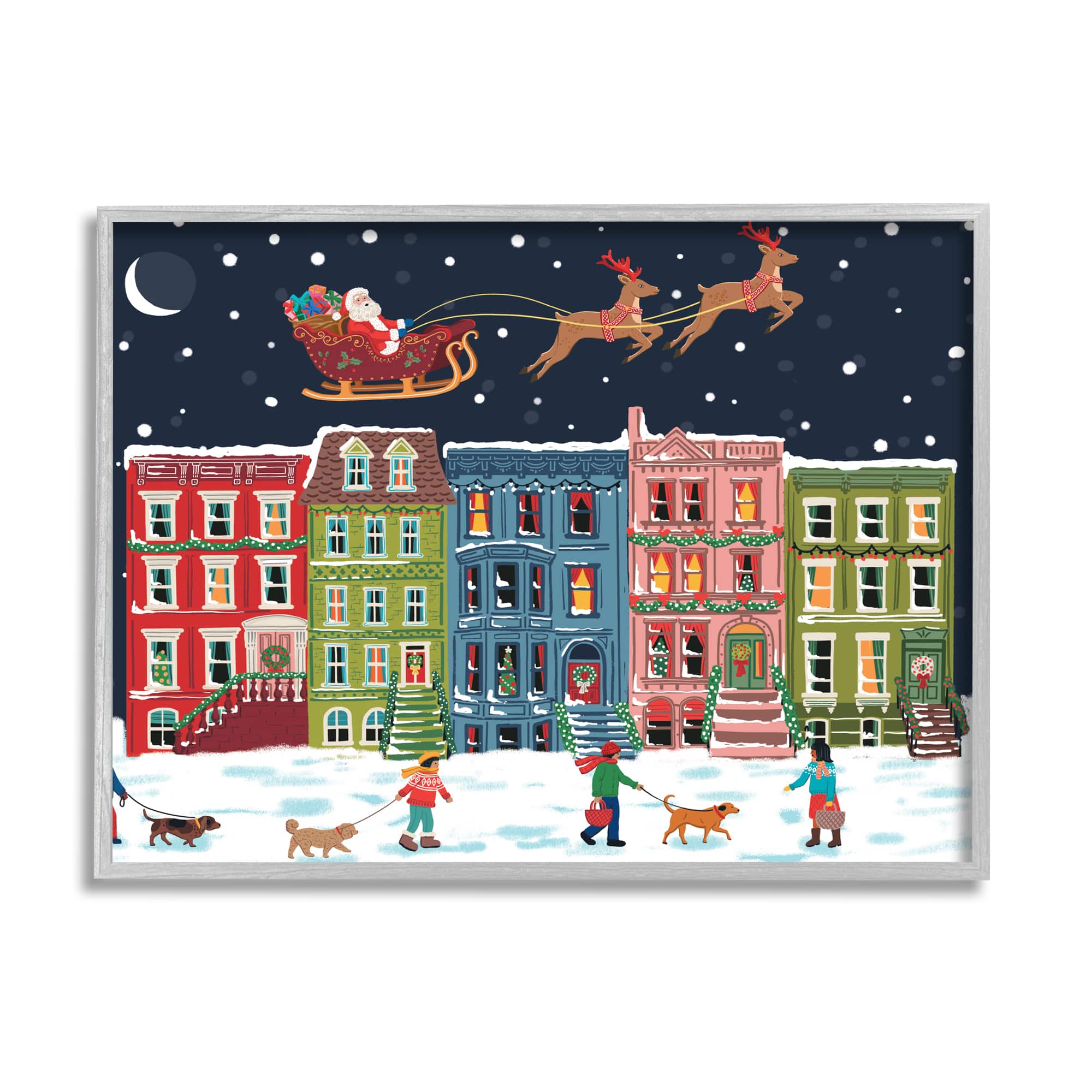 Stupell Industries Snowy Christmas Town Santa Overhead Framed Giclee Art