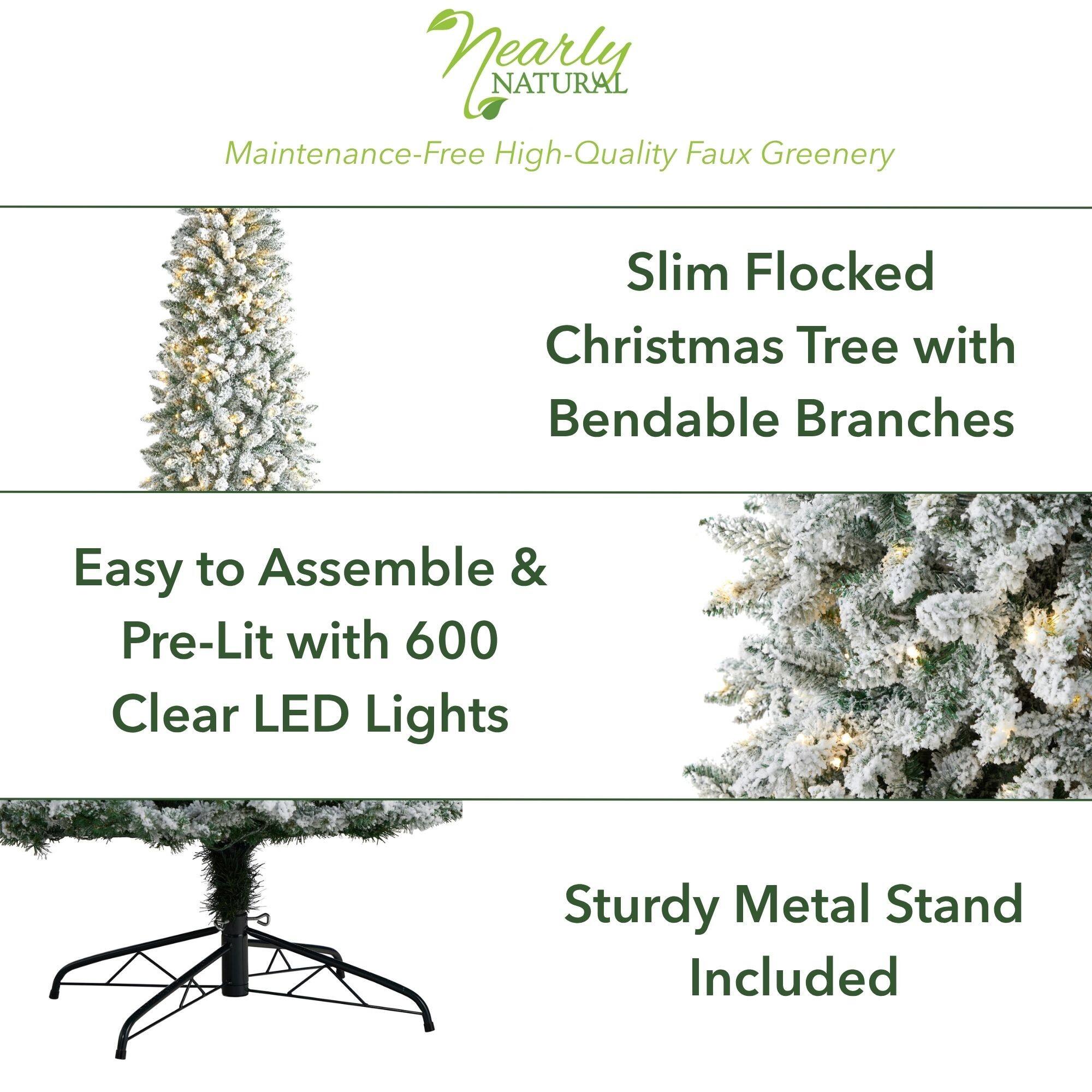 9ft. Pre-Lit Slim Flocked Montreal Fir Artificial Christmas Tree, White LED Lights