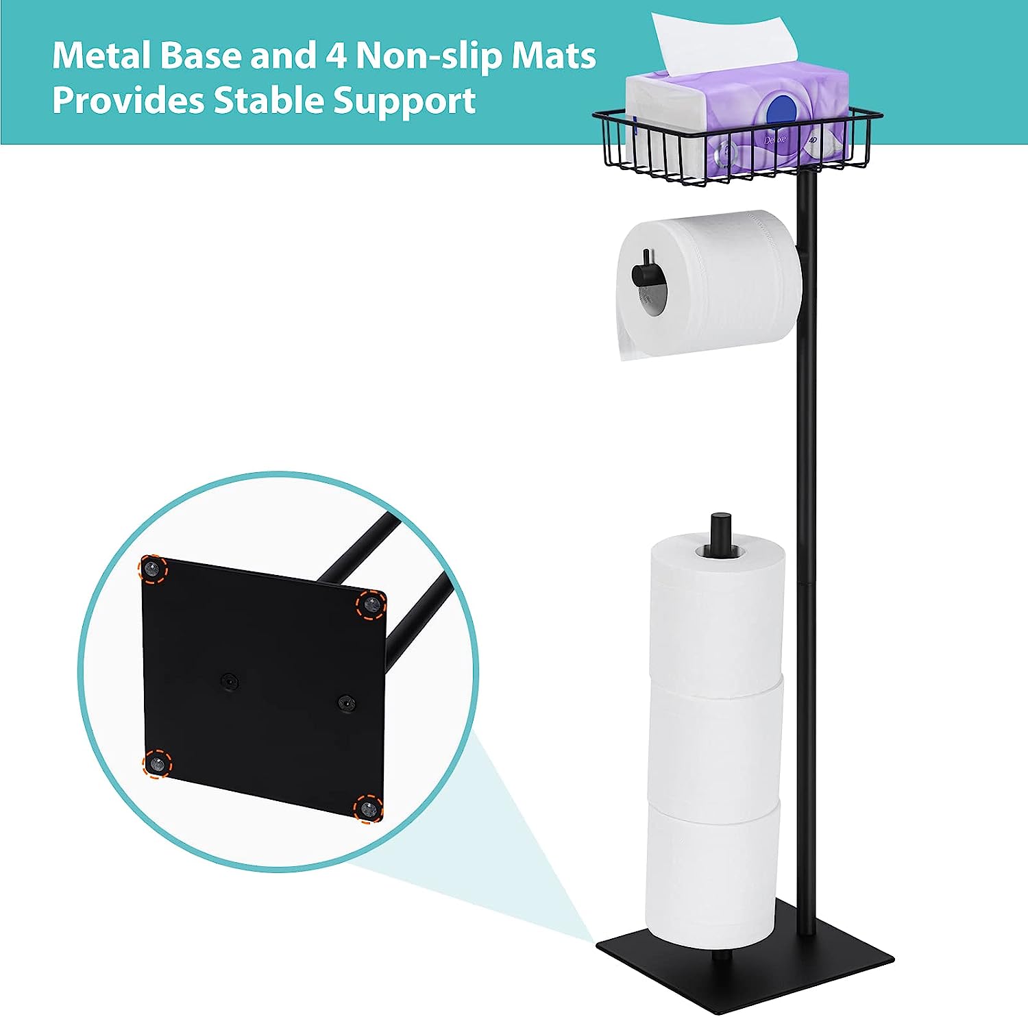 Black Freestanding Toilet Paper Holder Stand with Basket