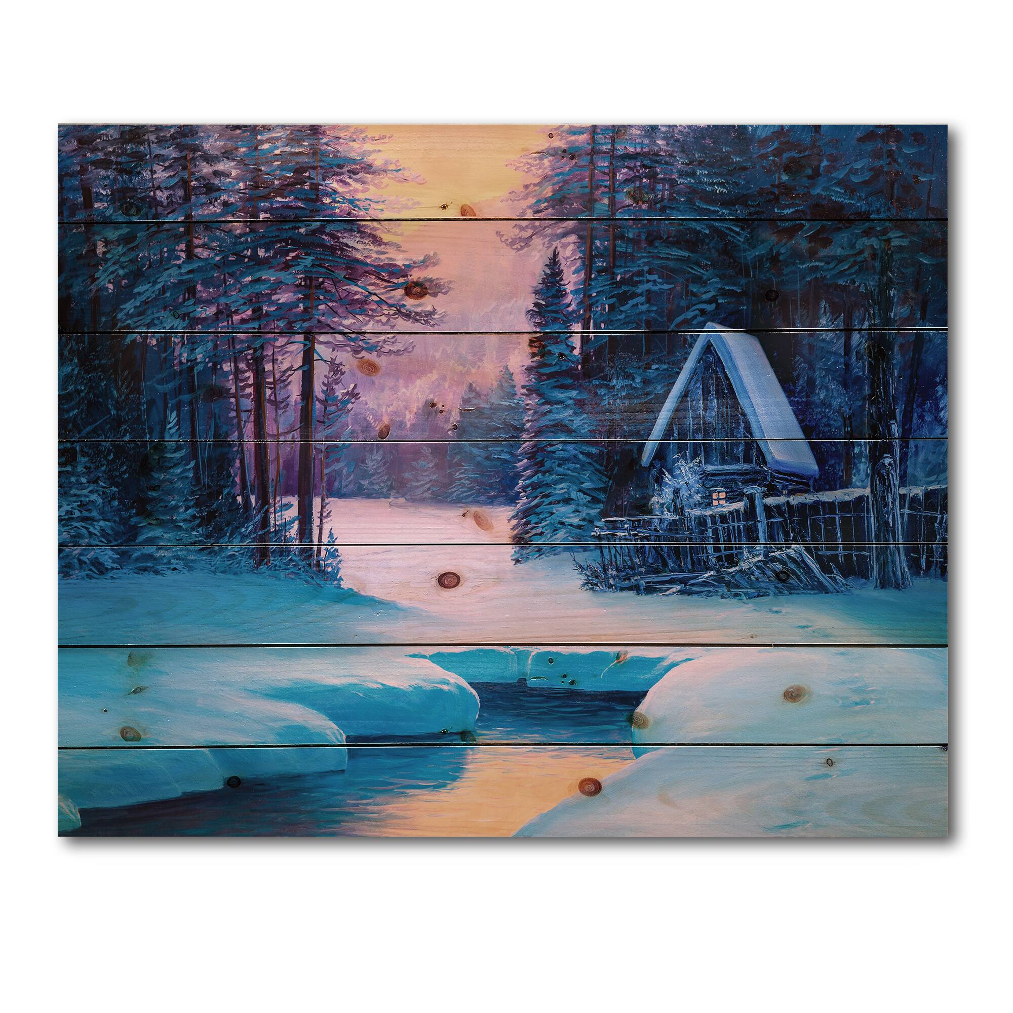 Designart - Winter Landscape & The River House In The Woods II