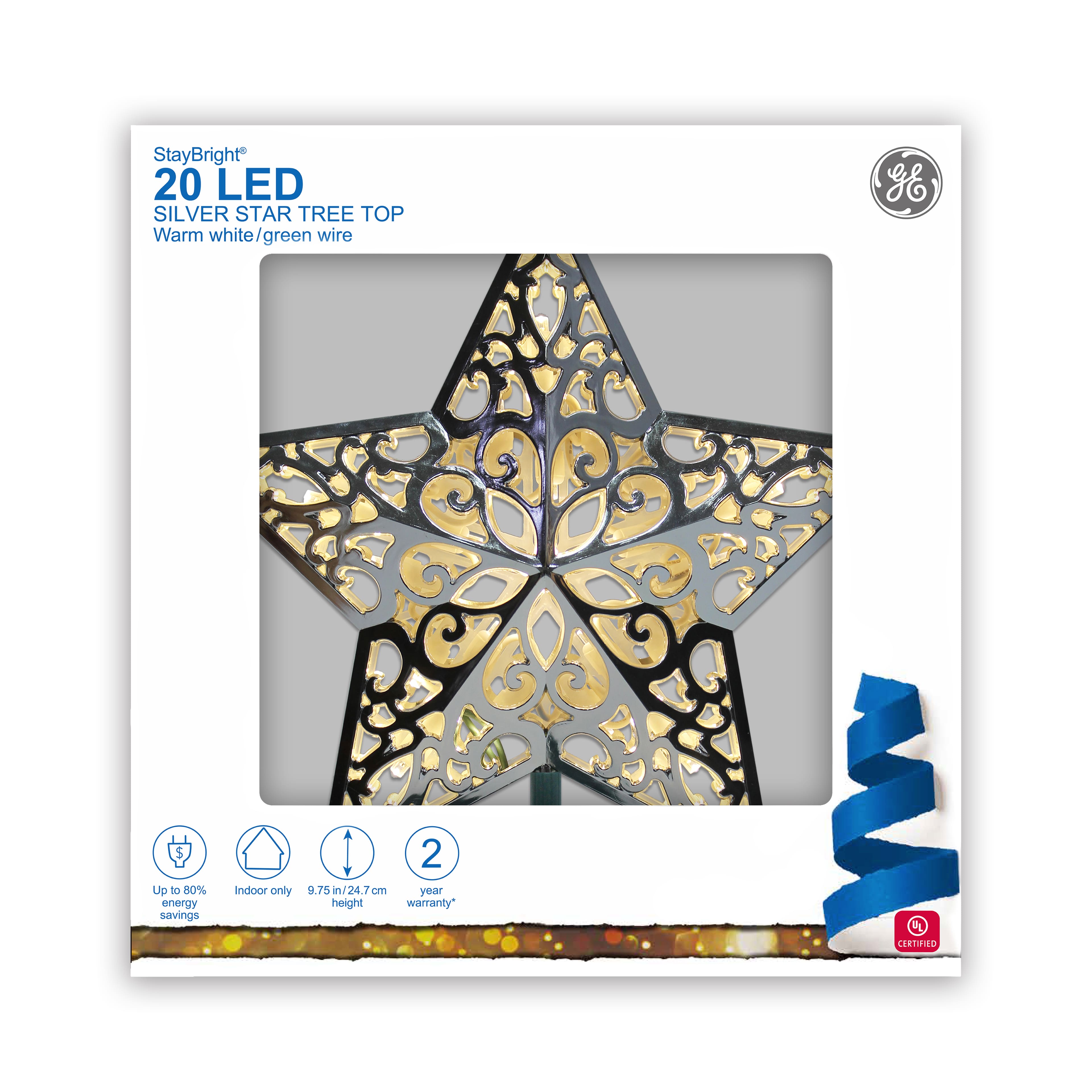 GE StayBright&#xAE; 20ct. Warm White LED Silver Star Tree Top