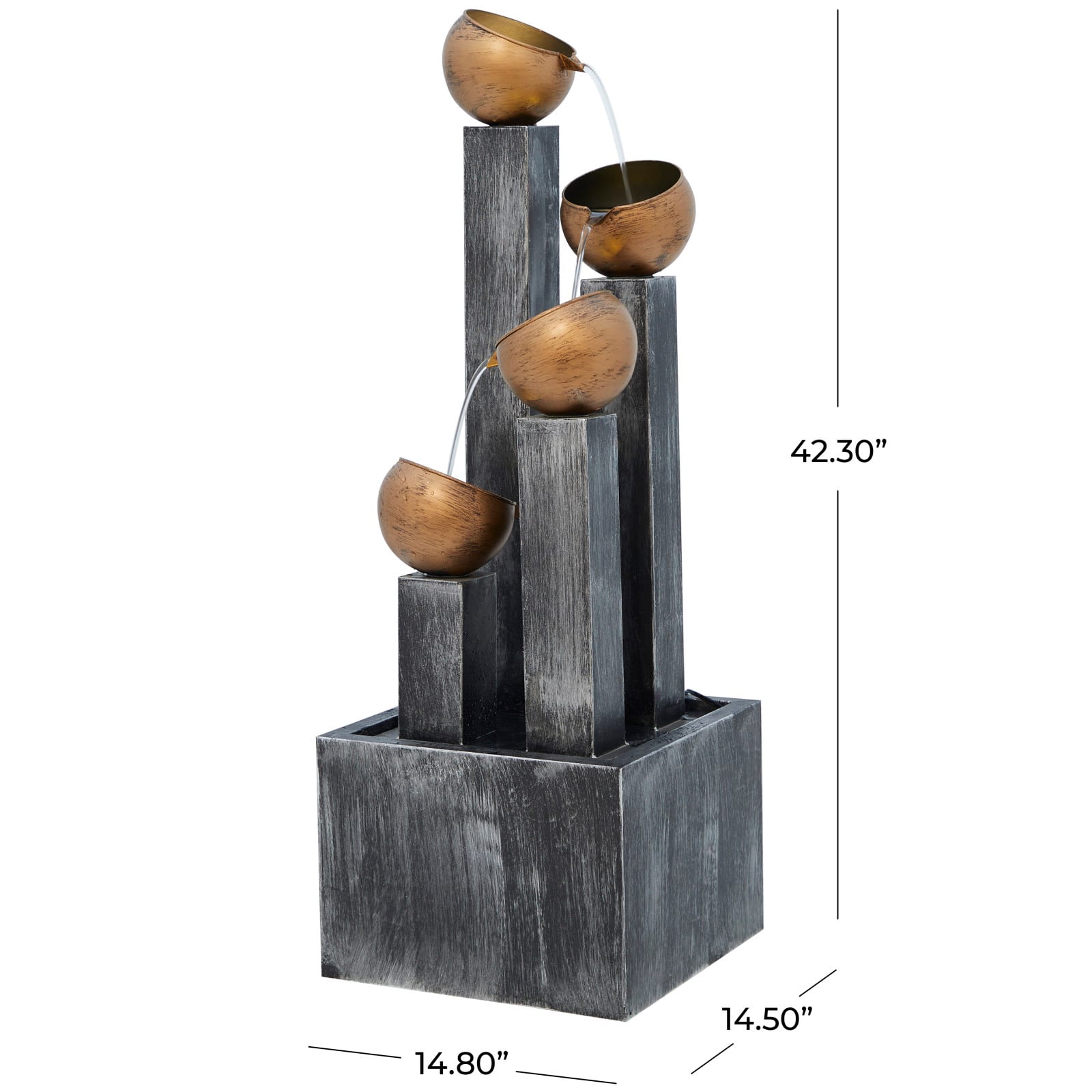 42" Dark Gray Metal Whitewashed Elevated Pillar Fountain with Round Copper Pots