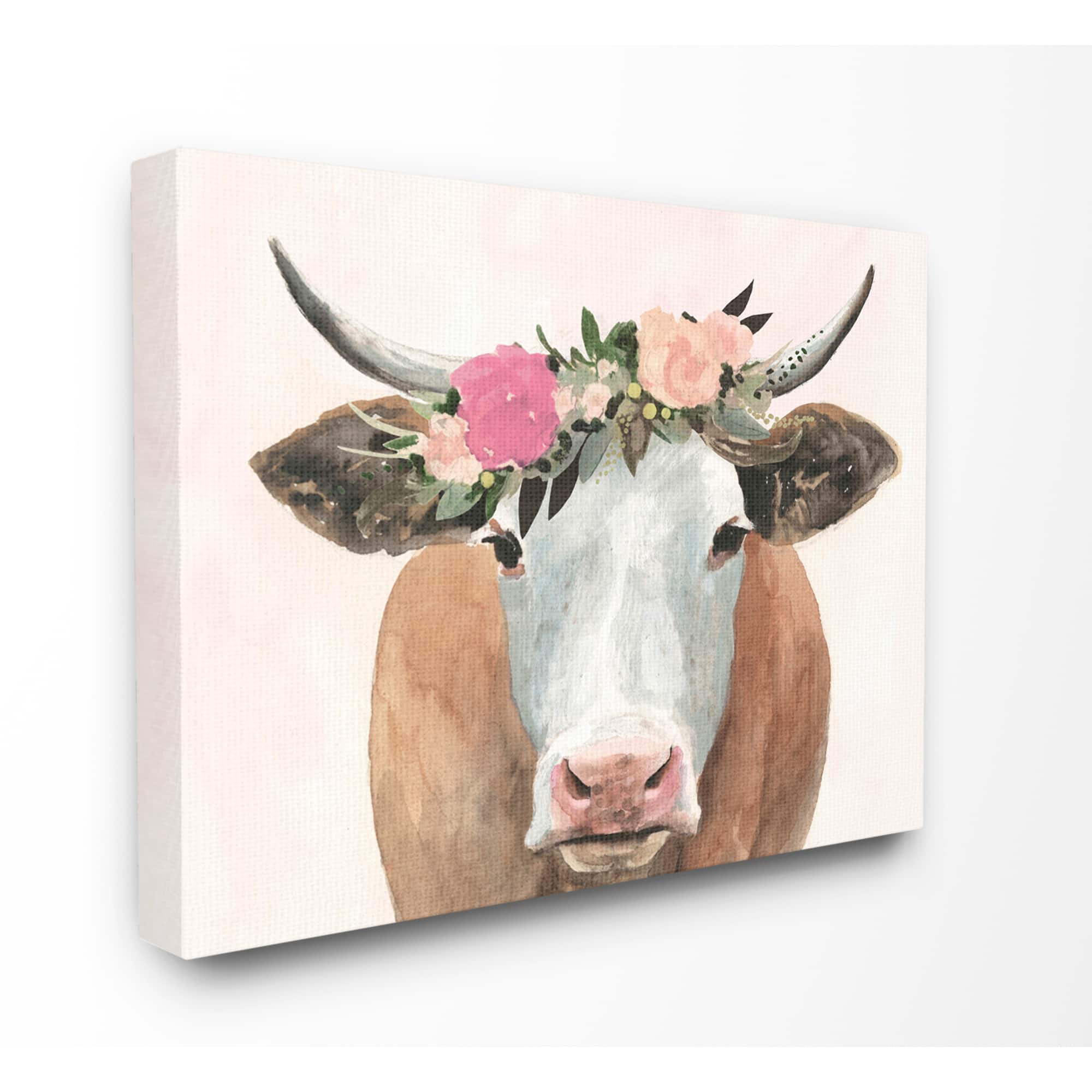 Stupell Industries Springtime Flower Crown Cow Canvas Wall Art