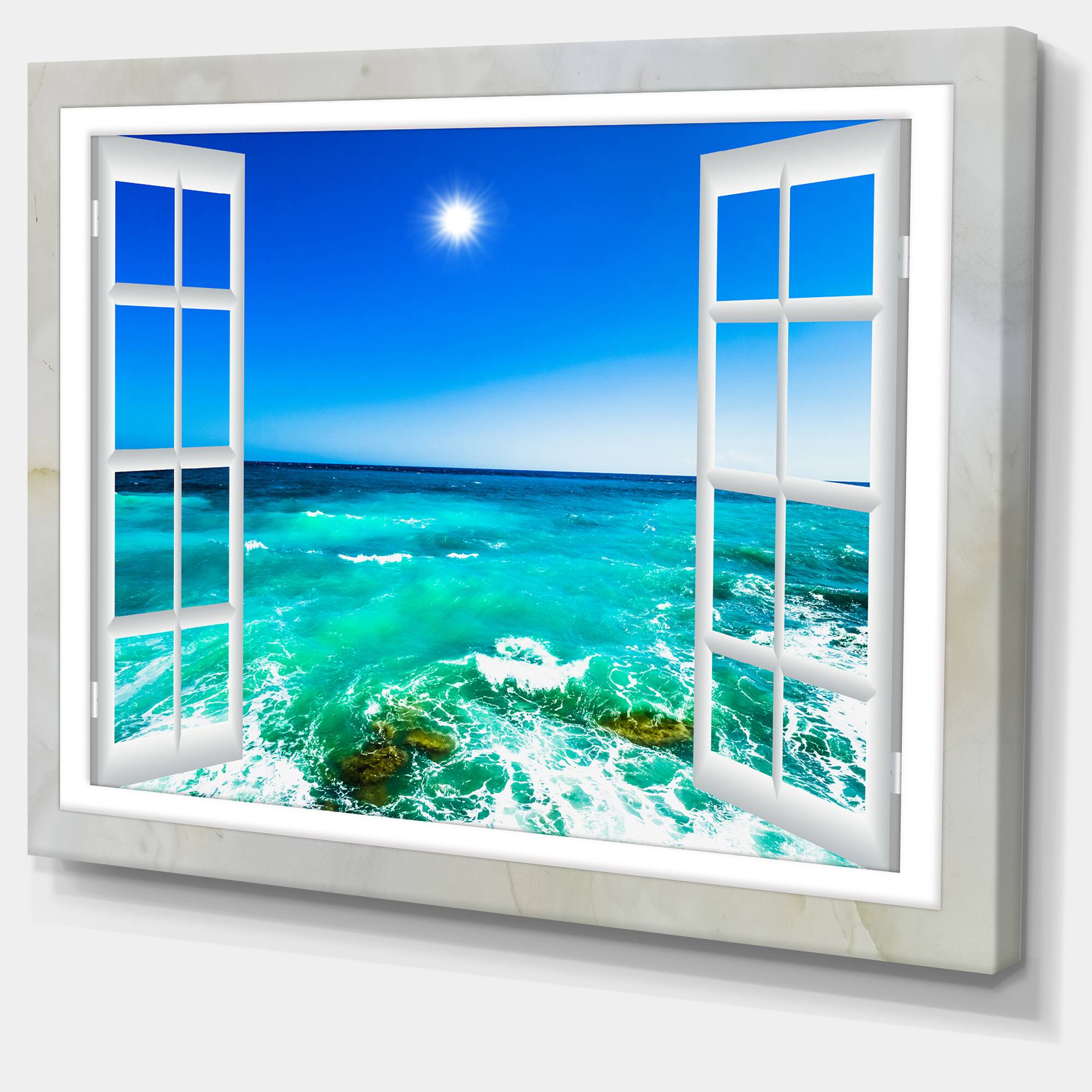Designart - Open Window to Wavy Ocean - Extra Large Seashore Canvas Art