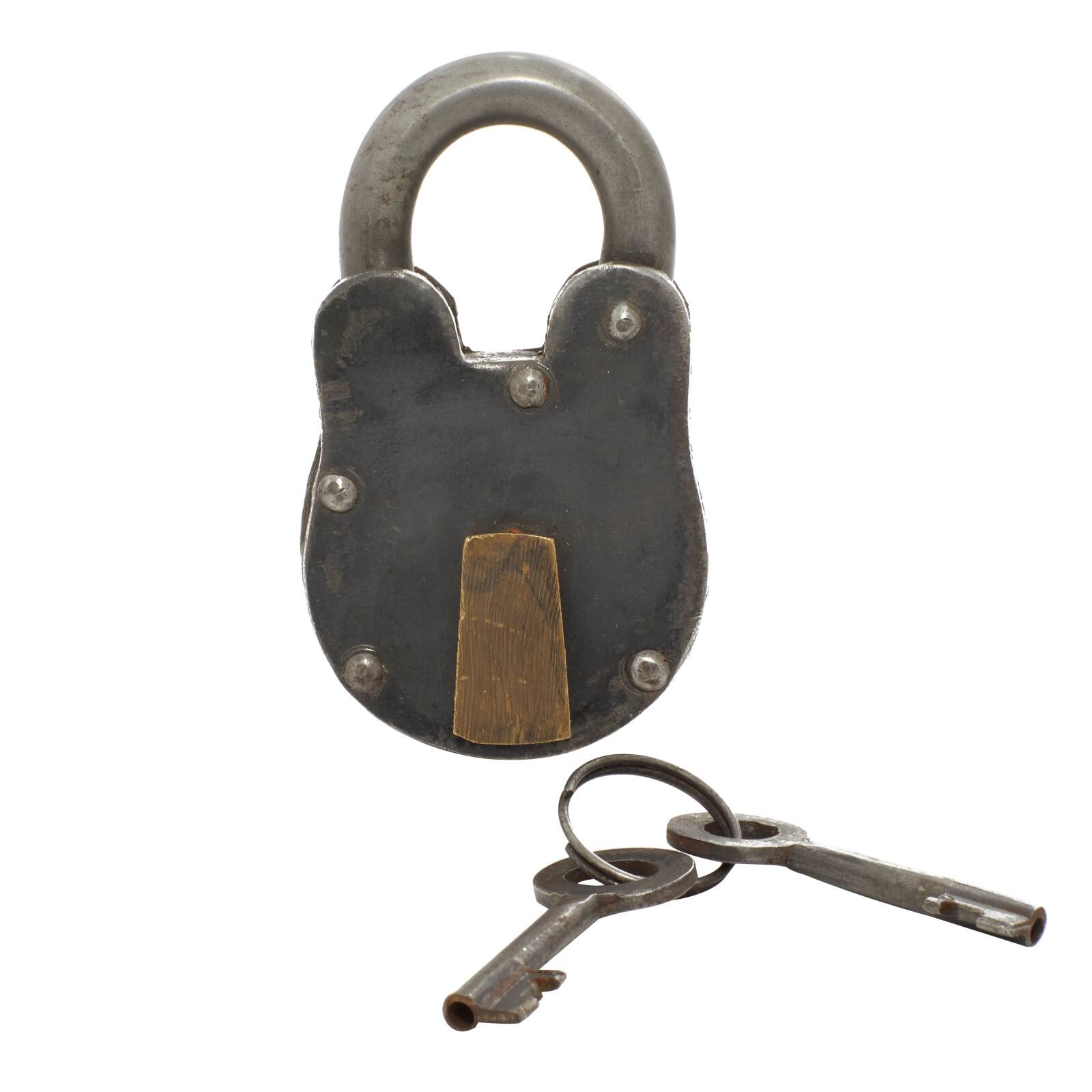 Grey Metal Industrial Lock and Key, 2&#x22; x 4&#x22; x 2&#x22;