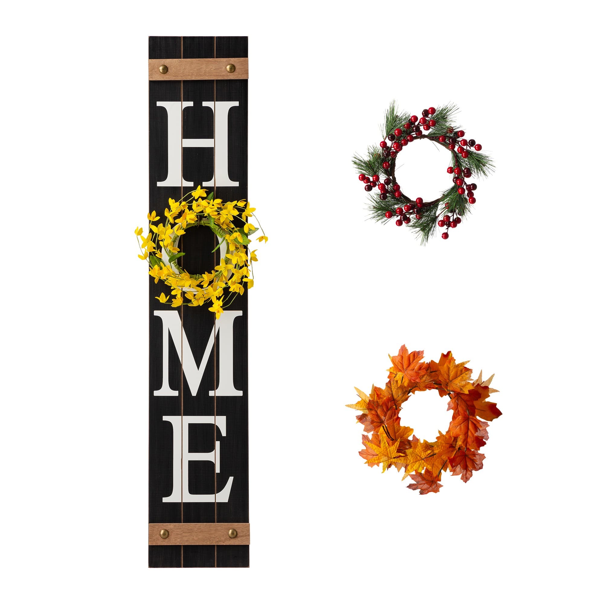 Glitzhome 42&#x22;H Wooden Black &#x22;HOME&#x22; Porch Sign with 3 Changable Wreaths