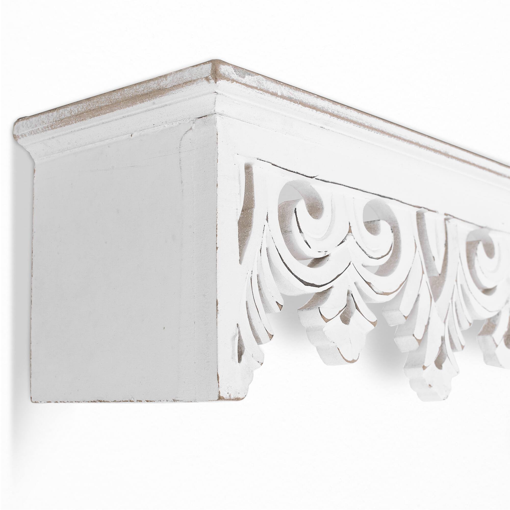 30&#x22; White Hand-Carved Floating Wall Shelf