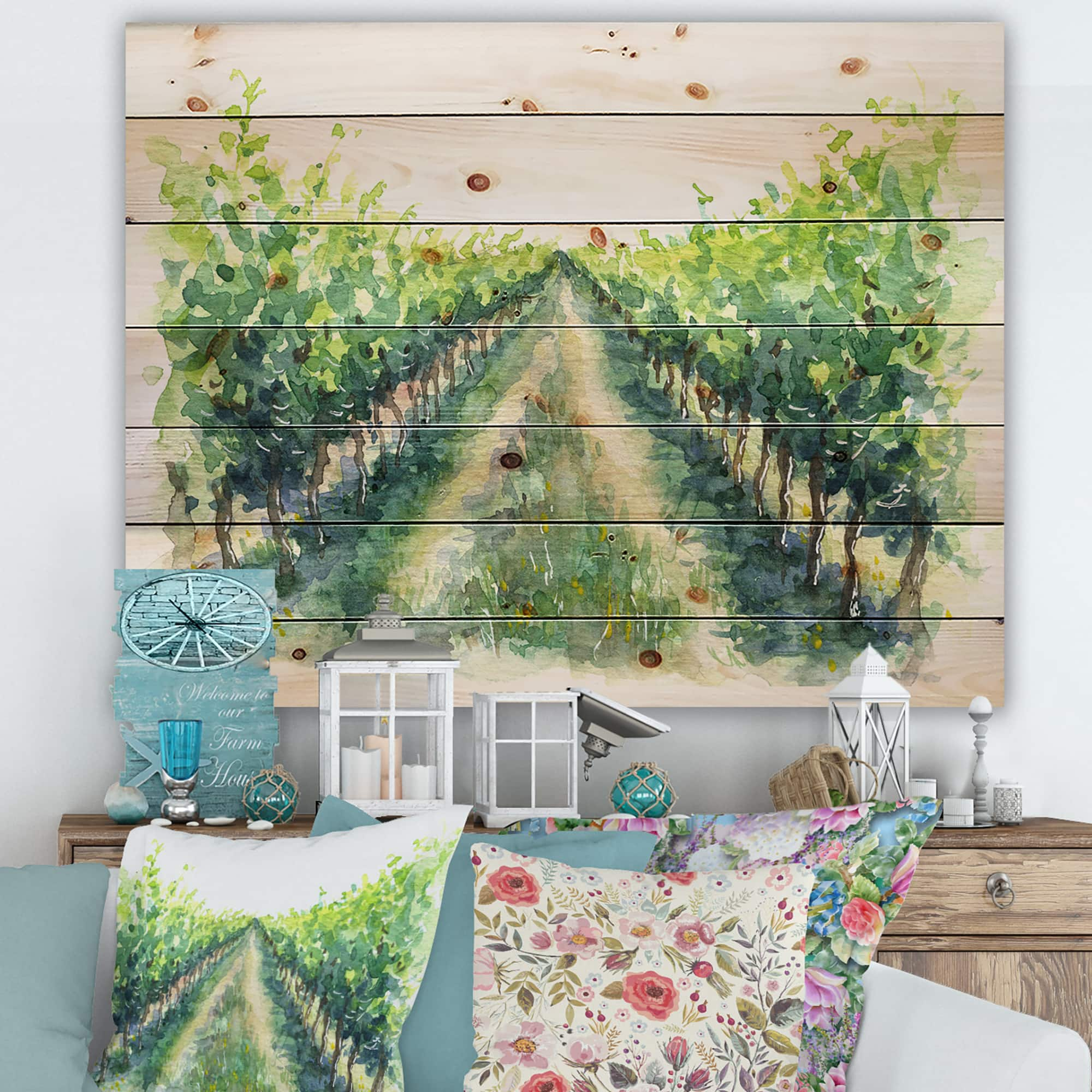 Designart - Rural Scene Vineyard Road - Traditional Print on Natural Pine Wood