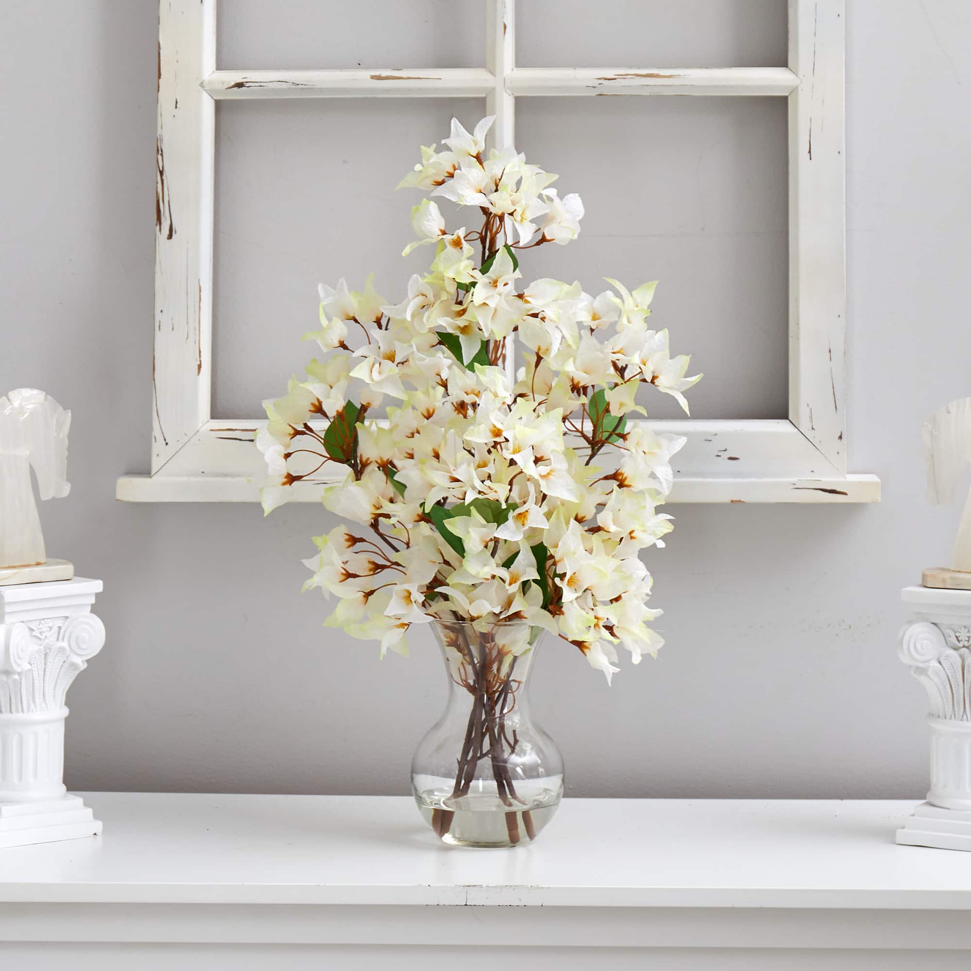 22&#x22; Artificial White Bougainvillea Arrangement with Fluted Glass Vase