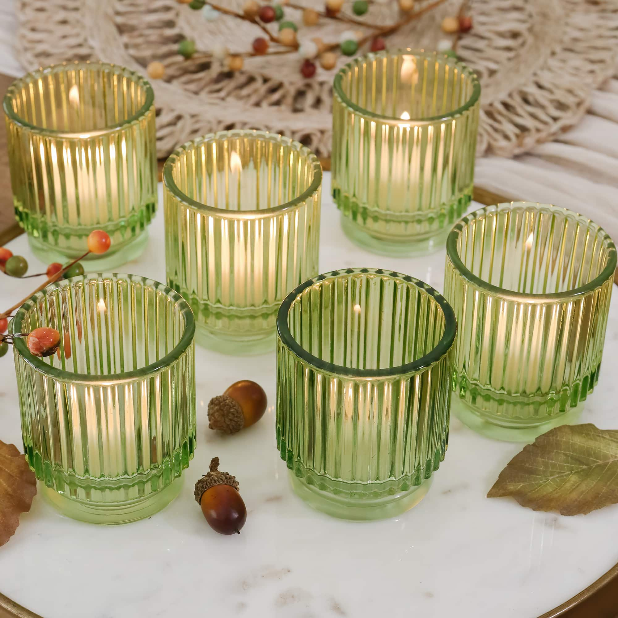 Kate Aspen Ribbed Green Glass Votive Candle Holder Set, 6ct.