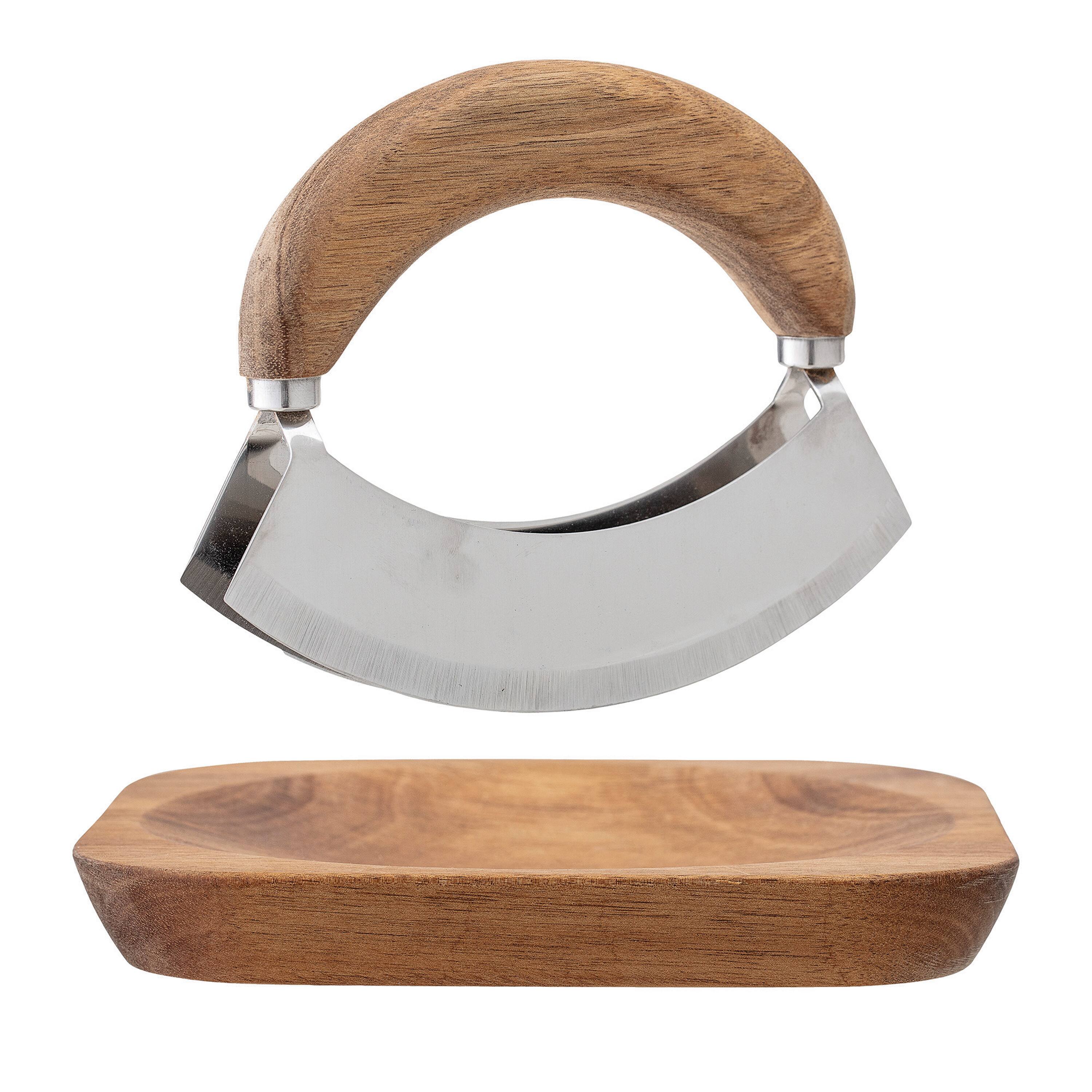 Natural Acacia Wood and Stainless Steel Italian Mezzaluna Knife with Square Cutting Board Set