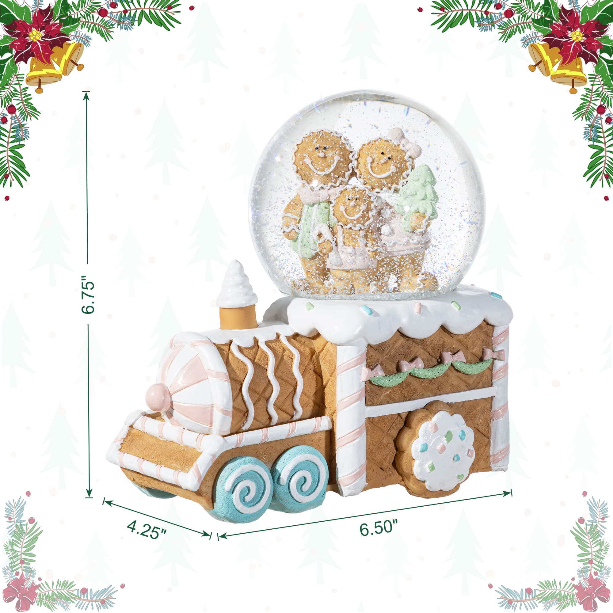 Glitzhome&#xAE; 100mm Christmas Resin Musical Snowflakes Ginginerbread Family Train Waterglobe