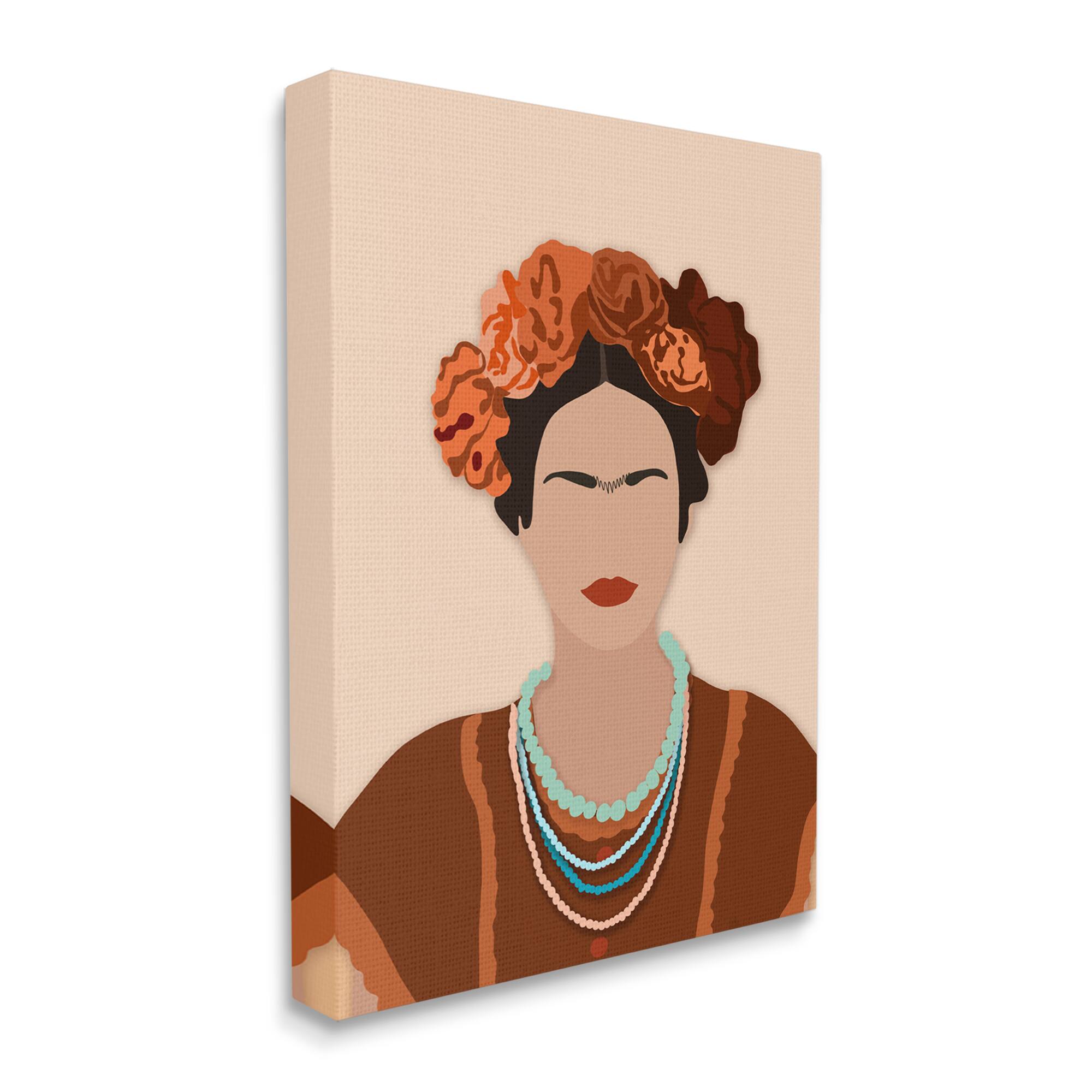 Stupell Industries Frida Artist Portrait Orange Floral Blue Bead Necklace Canvas Wall Art