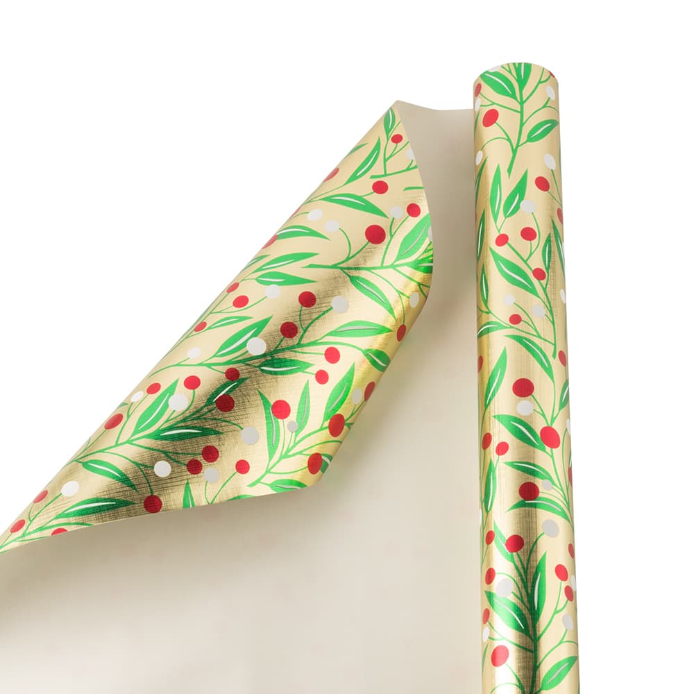 JAM Paper Embossed Gold with Holly Gift Wrap