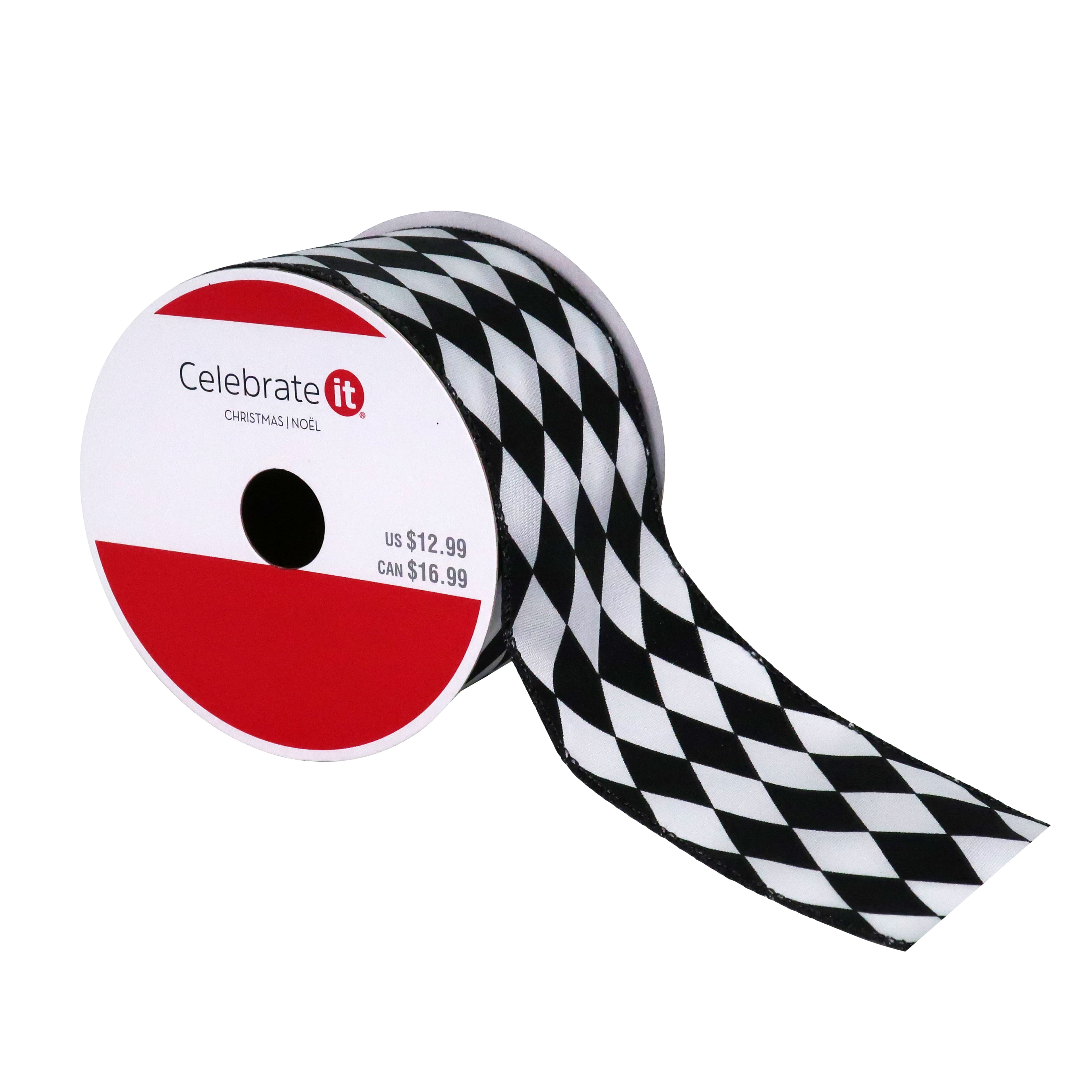 2.5&#x22; x 20ft. Black &#x26; White Diamond Wired Taffeta Ribbon by Celebrate It&#xAE; Christmas