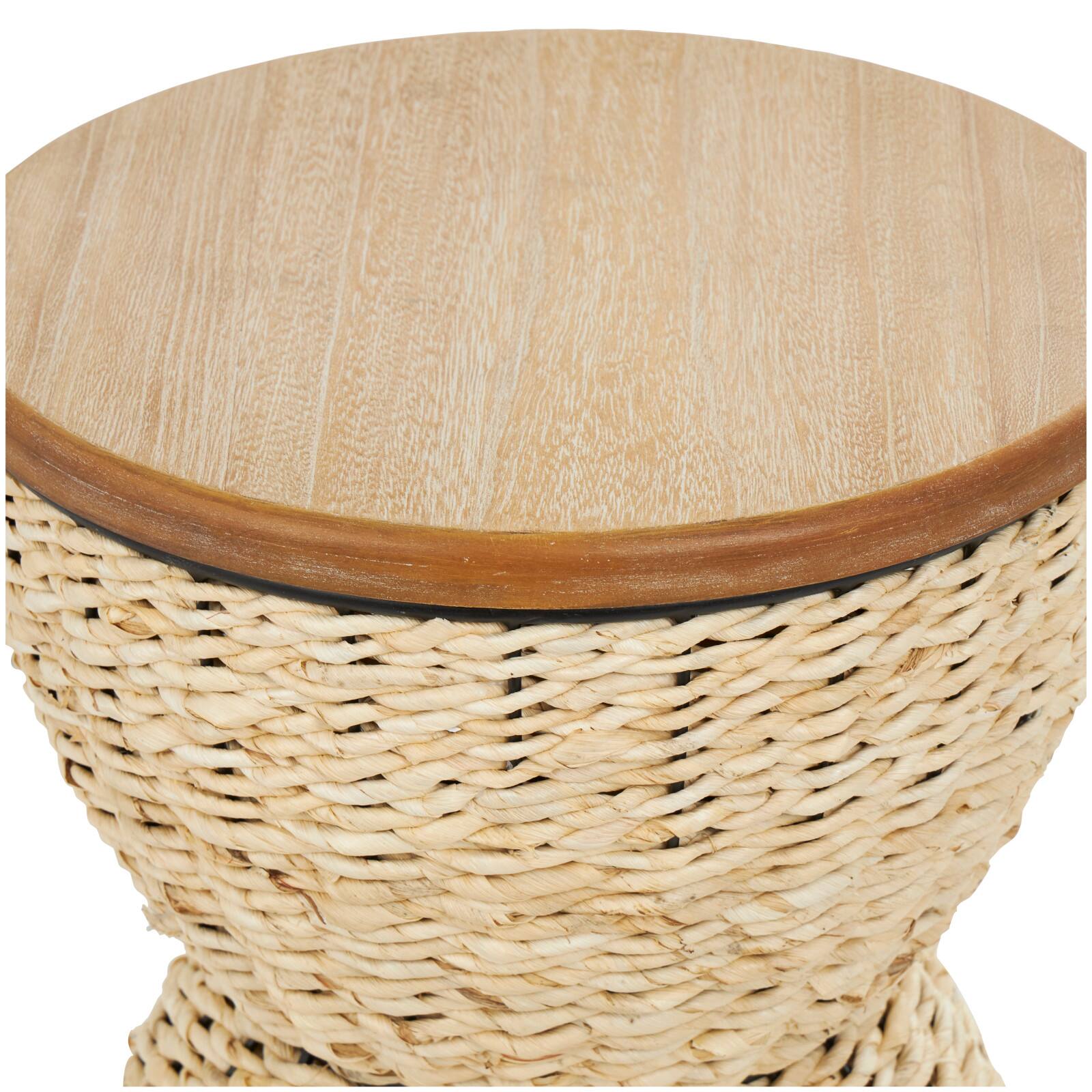 19" Rattan Woven Stool with Wood Tabletop and Black Frame