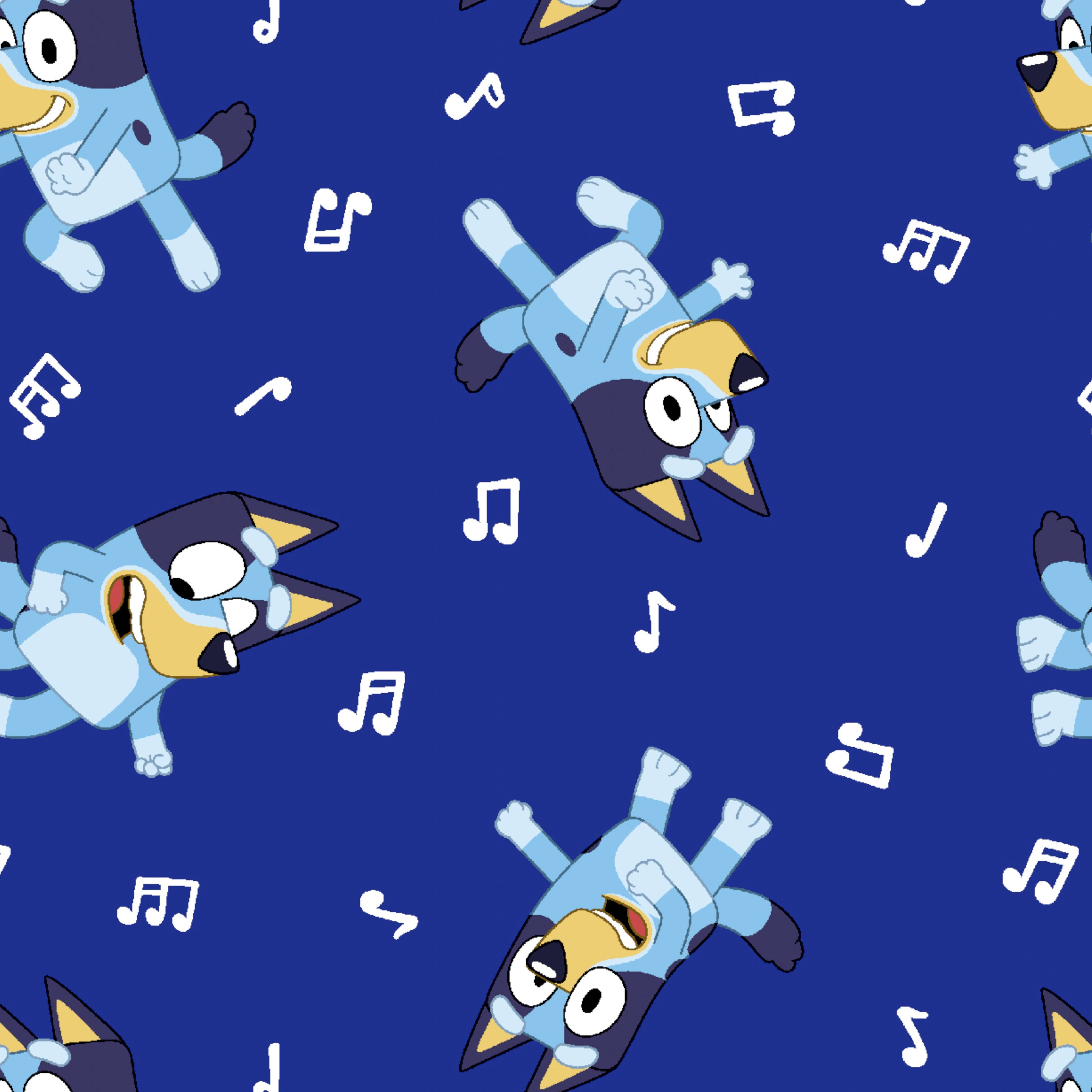 Bluey with Music Notes on Dark Blue Cotton Fabric