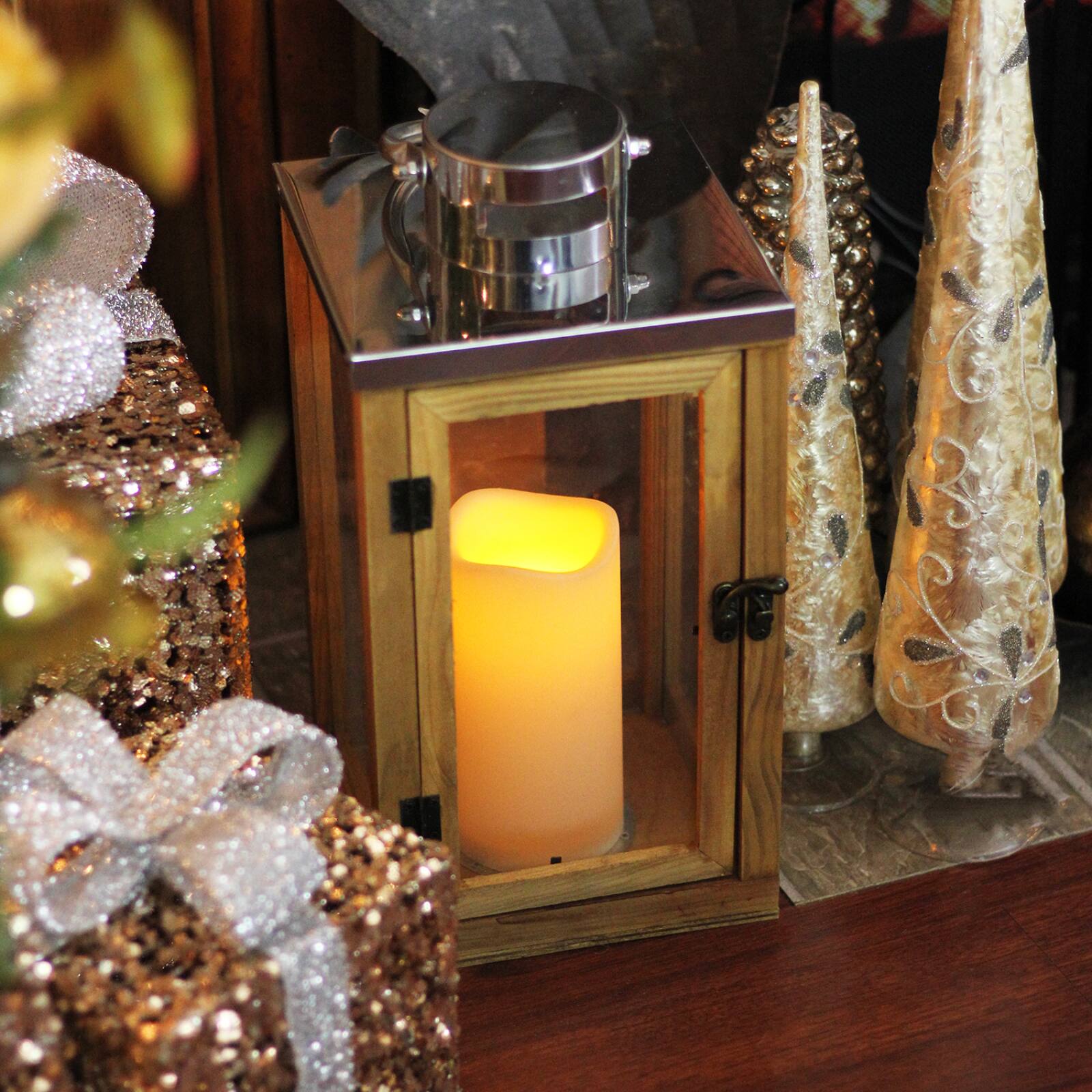 13.75" Rustic Wood and Glass Flameless Pillar Candle Lantern