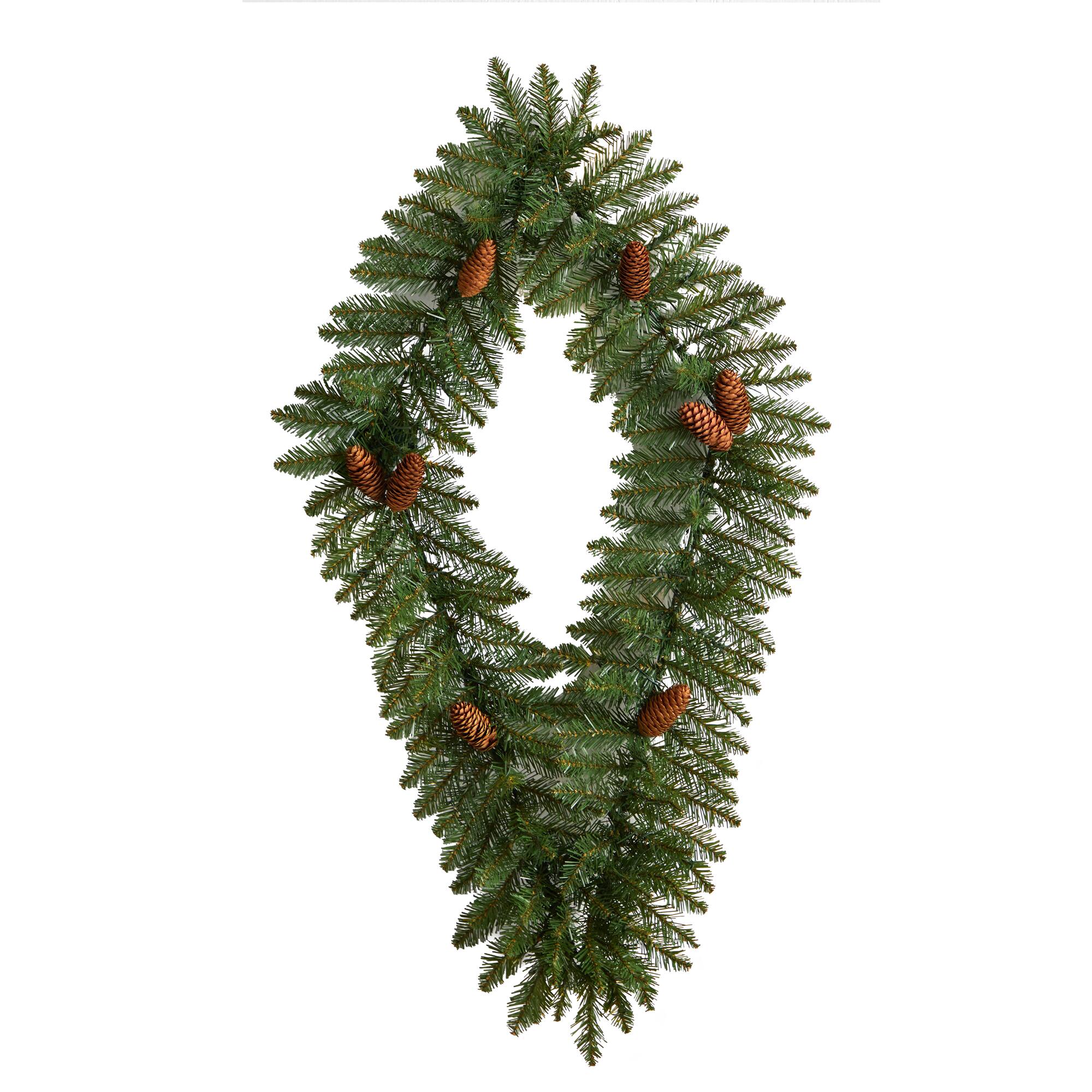 3ft. White LED Lights Holiday Geometric Christmas Diamond Wreath With Pinecones