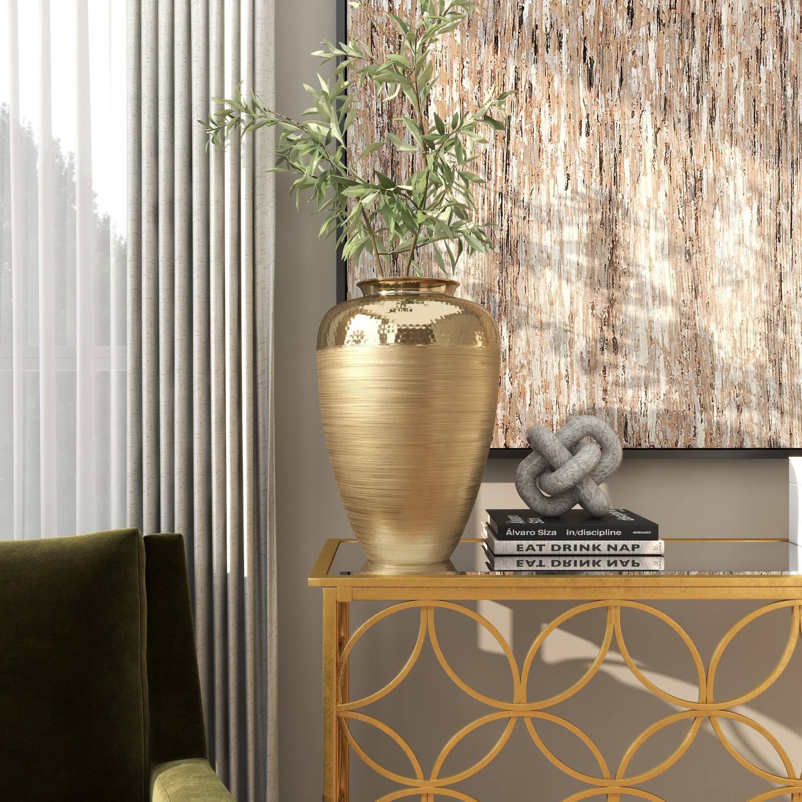 18&#x22; Gold Aluminum Brushed Vase with Hammered Top