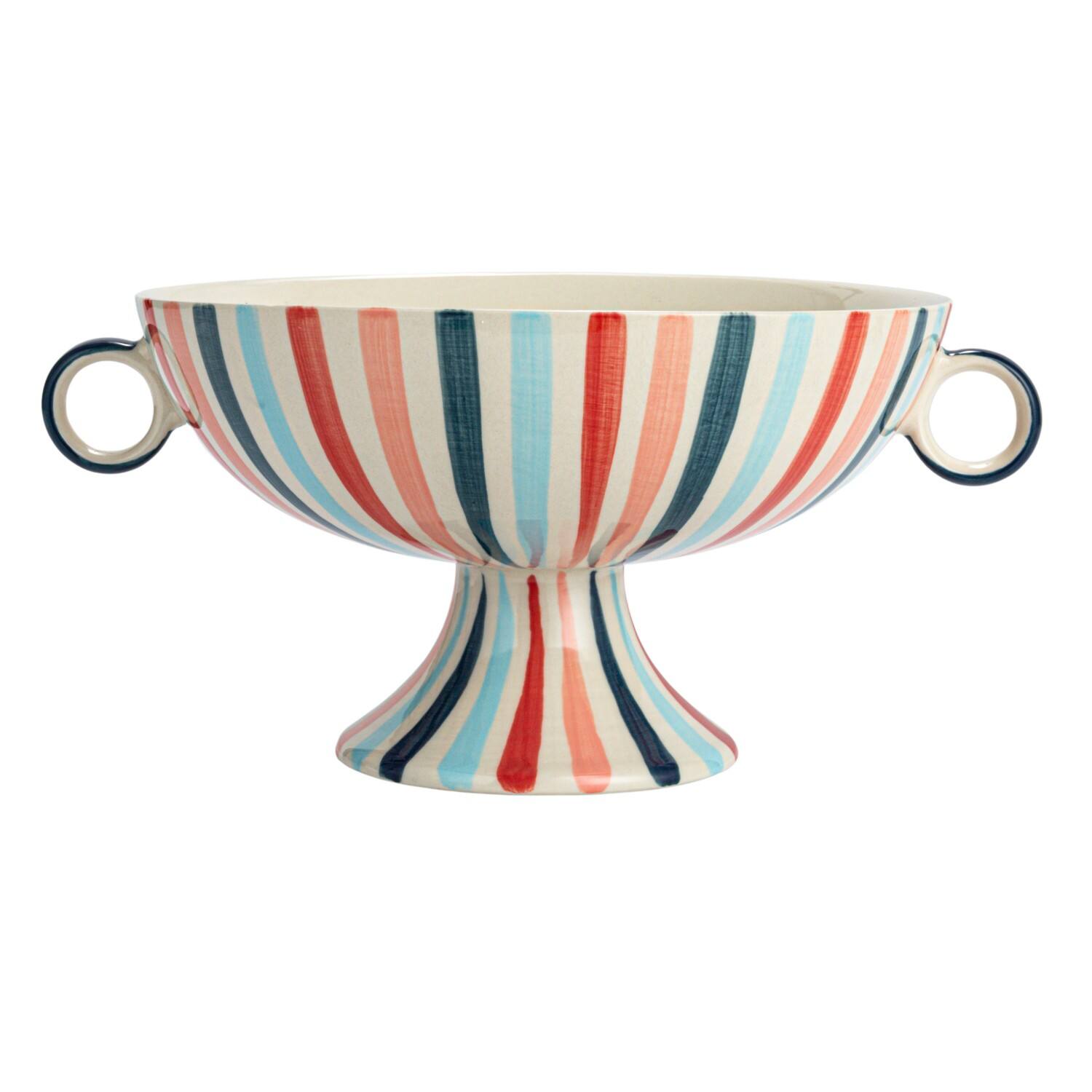 Hello Honey® 13" Multicolor Hand-Painted Stoneware Footed Bowl with Handles & Stripes