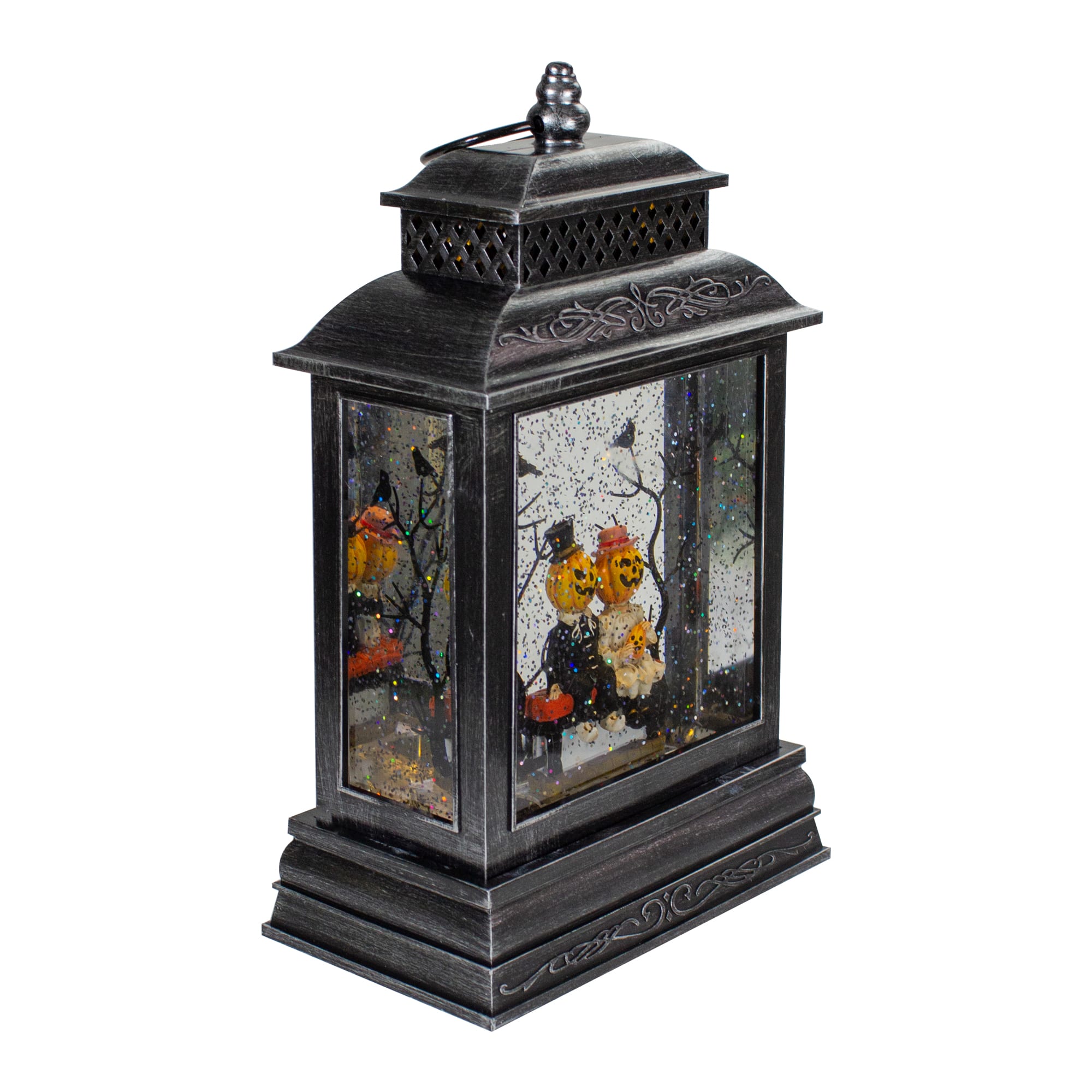 11.5&#x22; Black Lighted Halloween Snow Globe Lantern With Pumpkin Couple