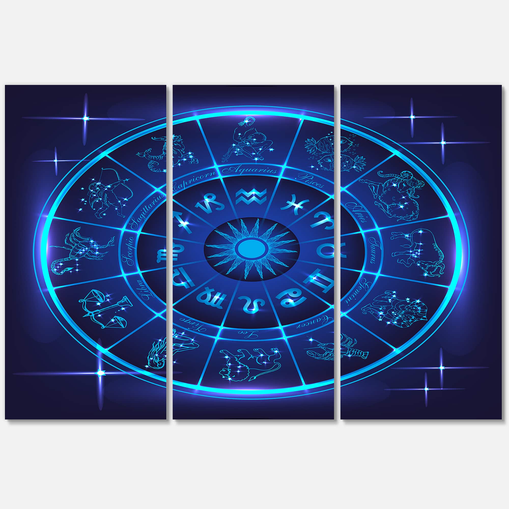 Designart - Neon Deep Blue Horoscope Circle With Zodiac Signs