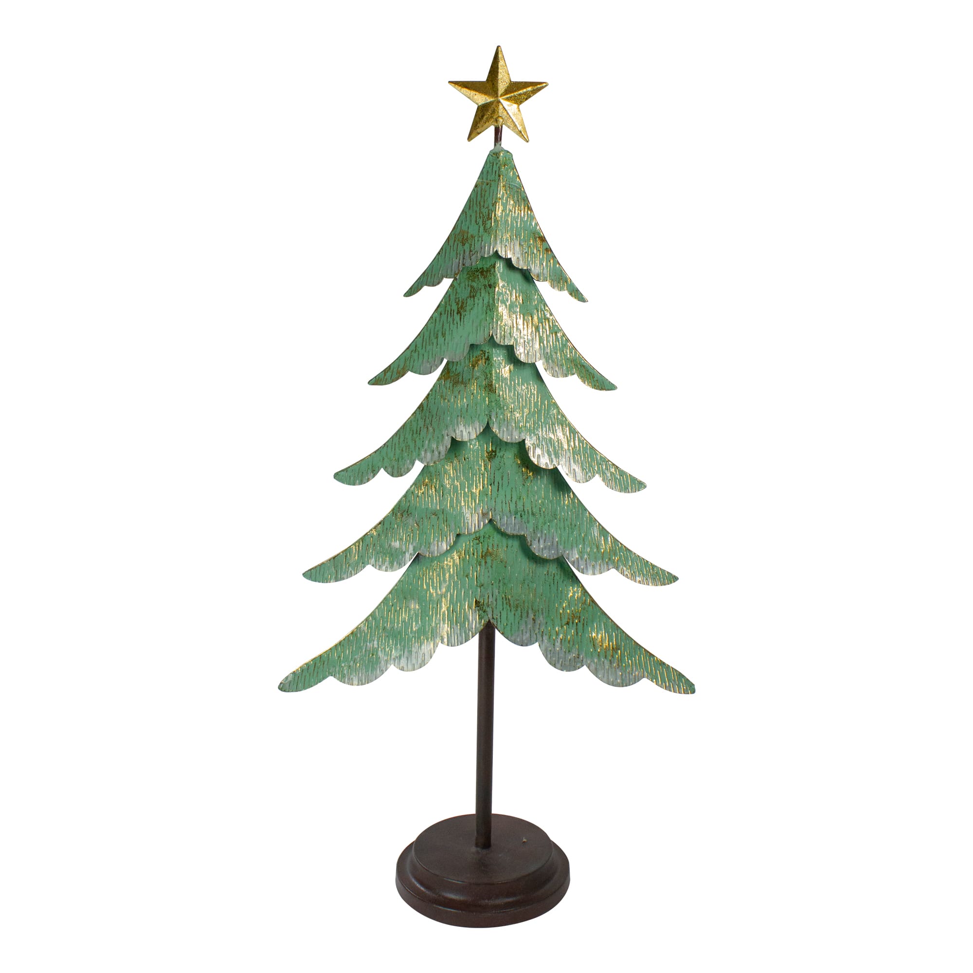 31" Rustic Layered Green & Gold Layered Metal Tabletop Christmas Tree with Gold Star Topper