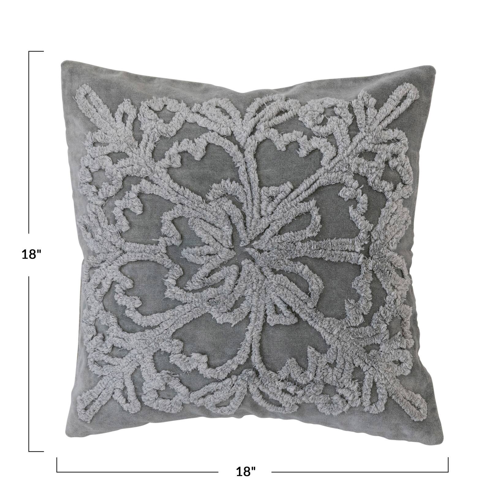 Hello Honey® Gray & Natural White Square Cotton Tufted Velvet Pillow with Snowflake & Chambray Back