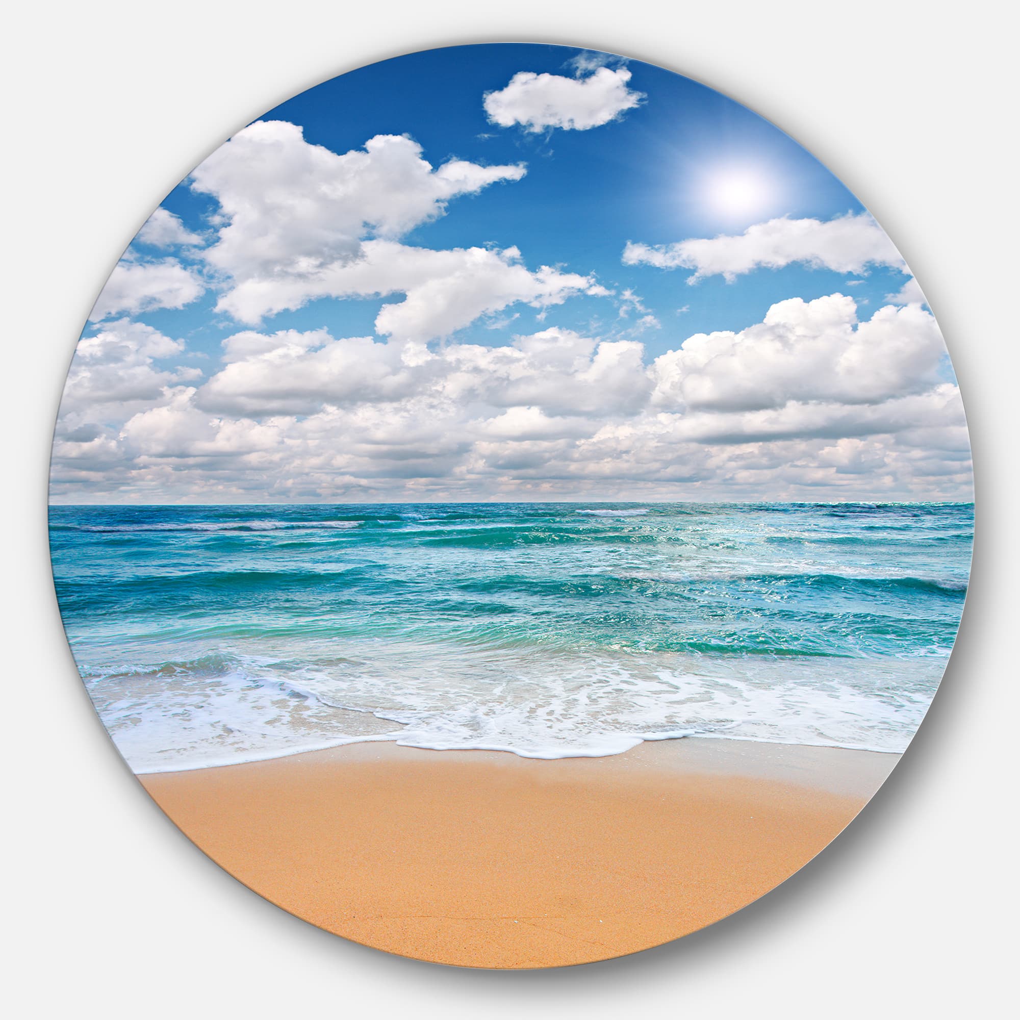 Designart - Peaceful Seashore under White Clouds' Beach Metal Circle Wall Art