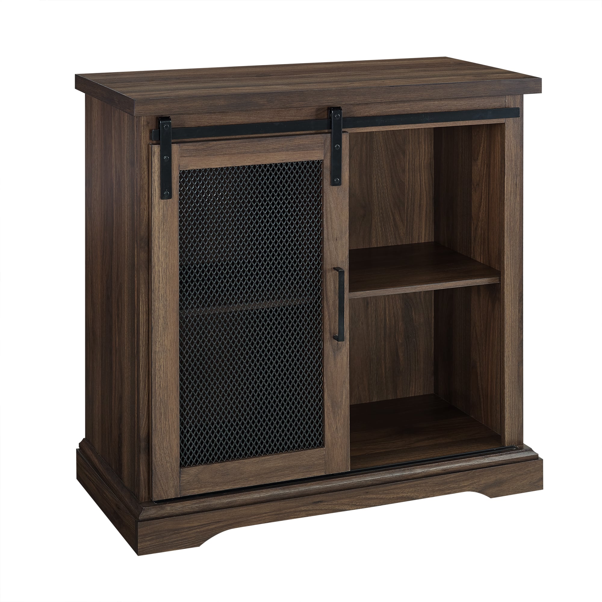 Walker Edison 32" Dark Walnut Sliding Mesh Metal Door Accent Cabinet