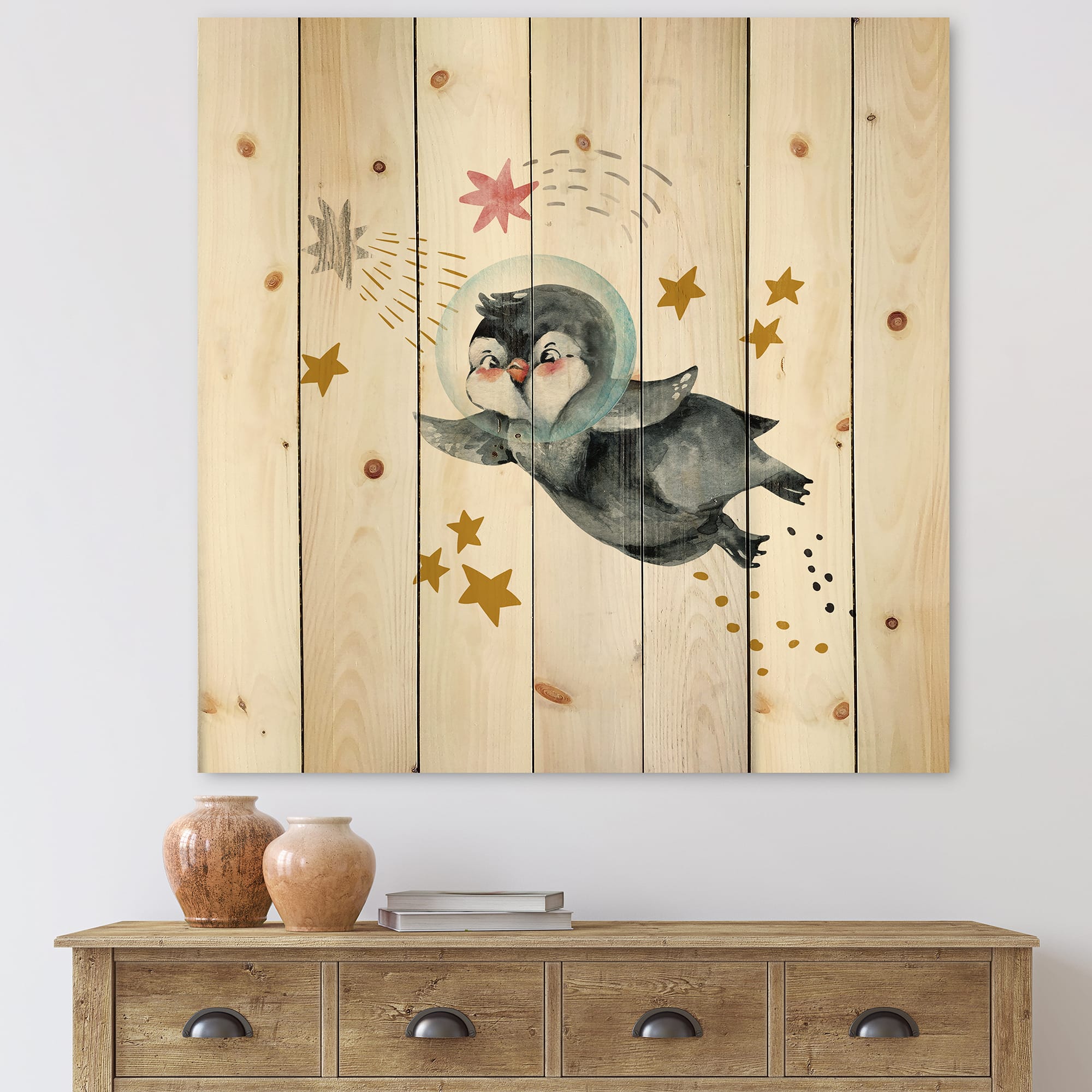 Designart - Little Penguin Flying Stars and Planets I - Farmhouse Print on Natural Pine Wood