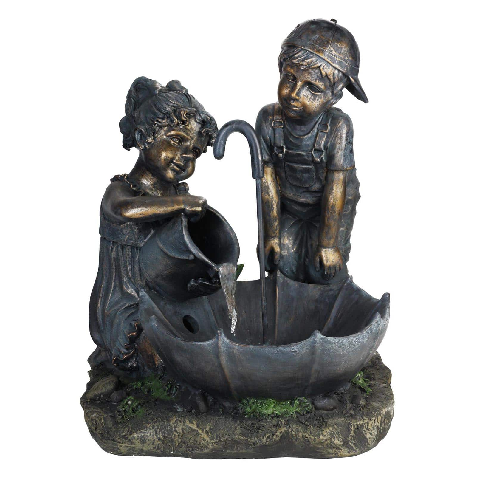 23.5&#x22; Bronze Children with Umbrella Outdoor Garden Water Fountain