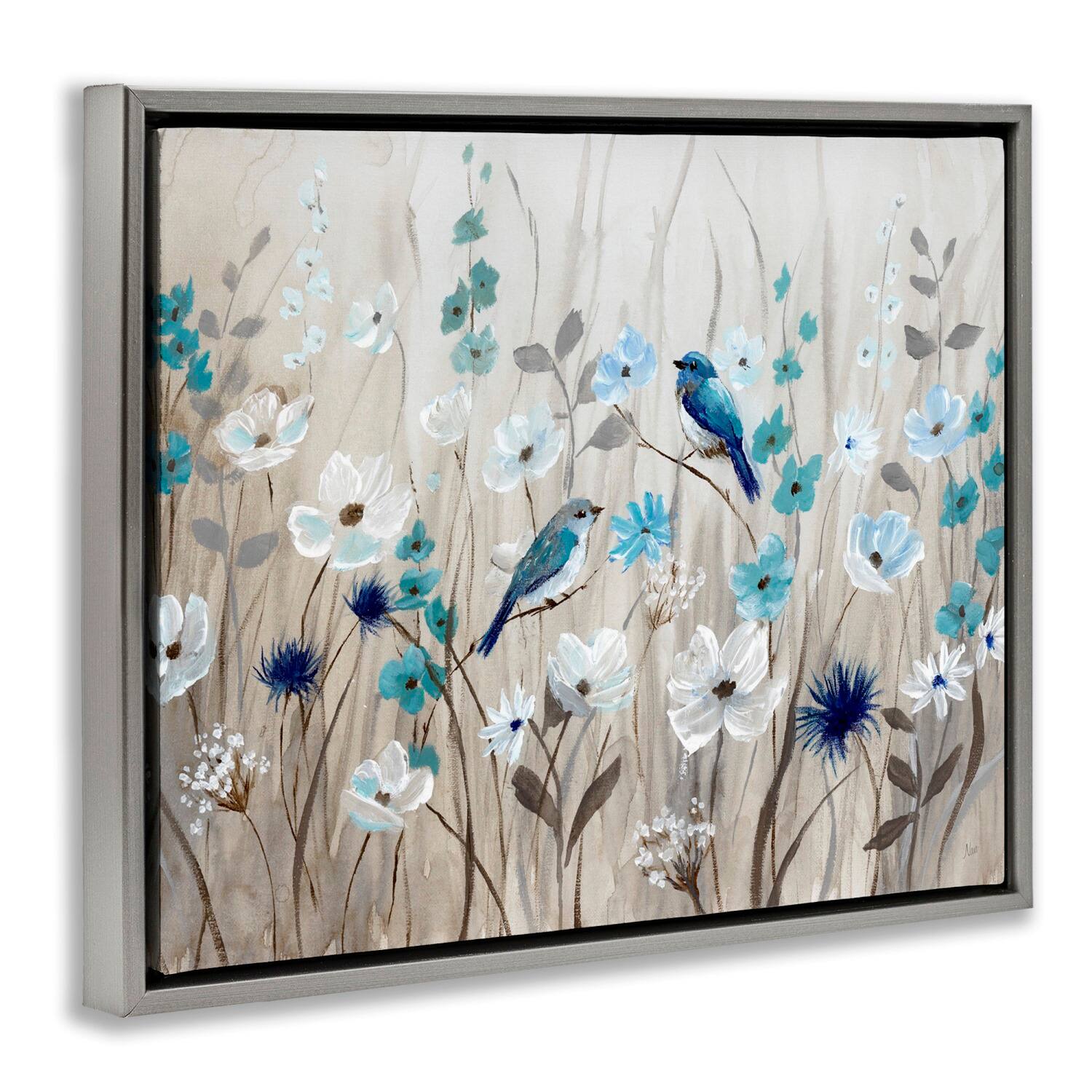 Stupell Industries Birds Floral Meadow Blossoms Floater Framed Art