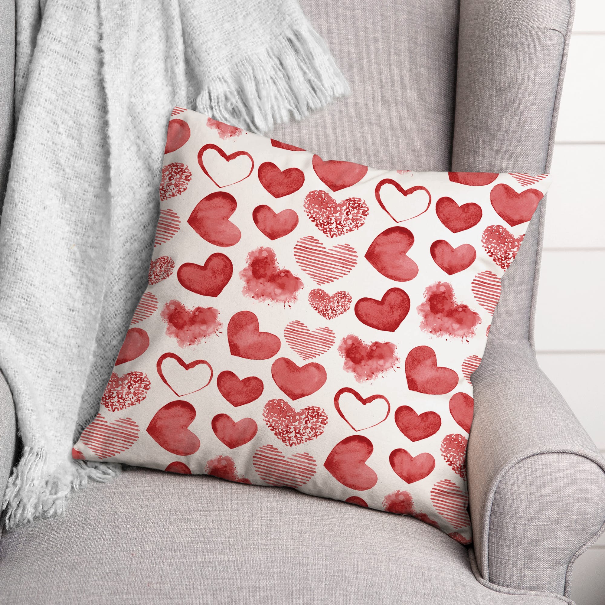 Watercolor Heart Valentine&#x27;s Day Throw Pillow