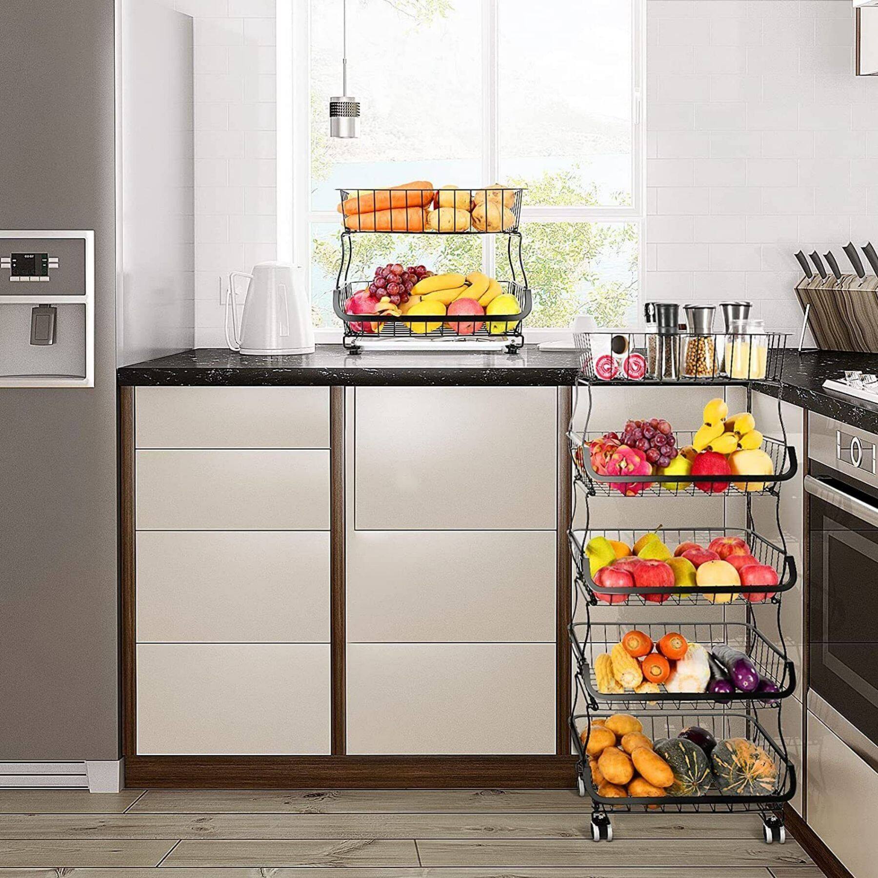 Black 5-Tier Fruit Basket Rolling Cart