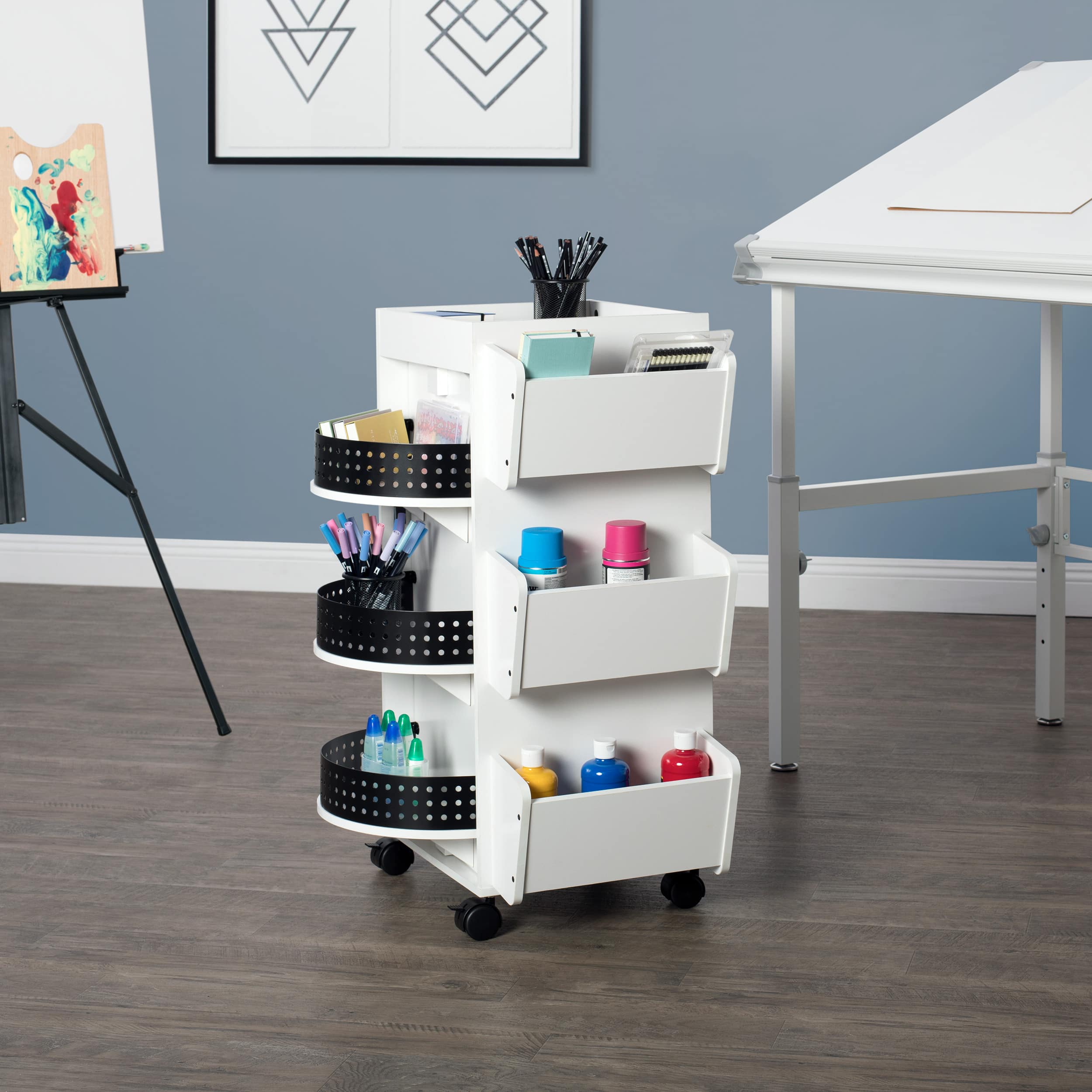 Studio Designs White &#x26; Black Swivel Mobile Organizer Cart