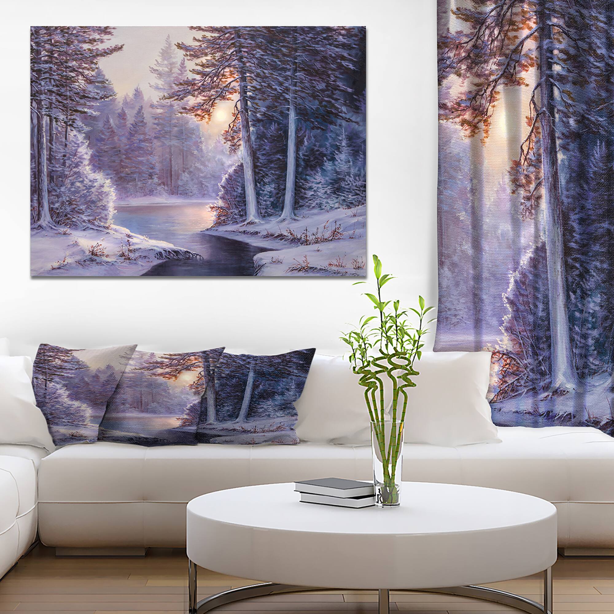 Designart - Winter Forest with the River in Frosty Day - Landscapes Painting Print on Wrapped Canvas