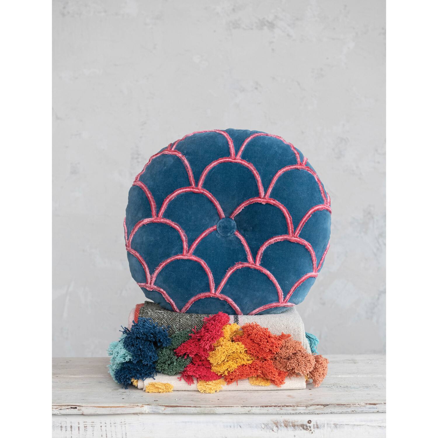 Hello Honey&#xAE; Navy Blue &#x26; Pink Tufted Scallop Pattern Cotton Round Pillow