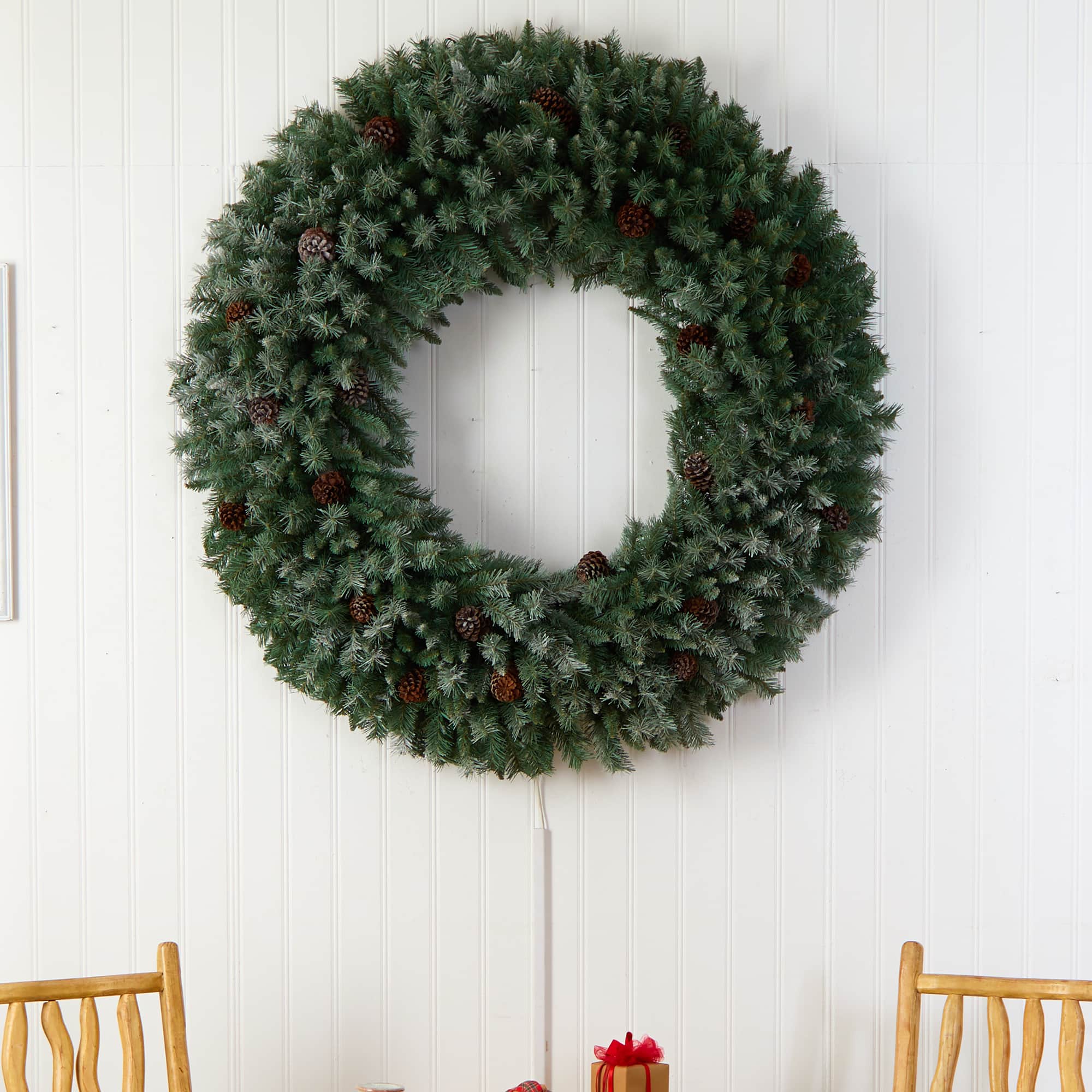 5ft. Clear LED Lights Flocked Artificial Christmas Wreath With Pinecones