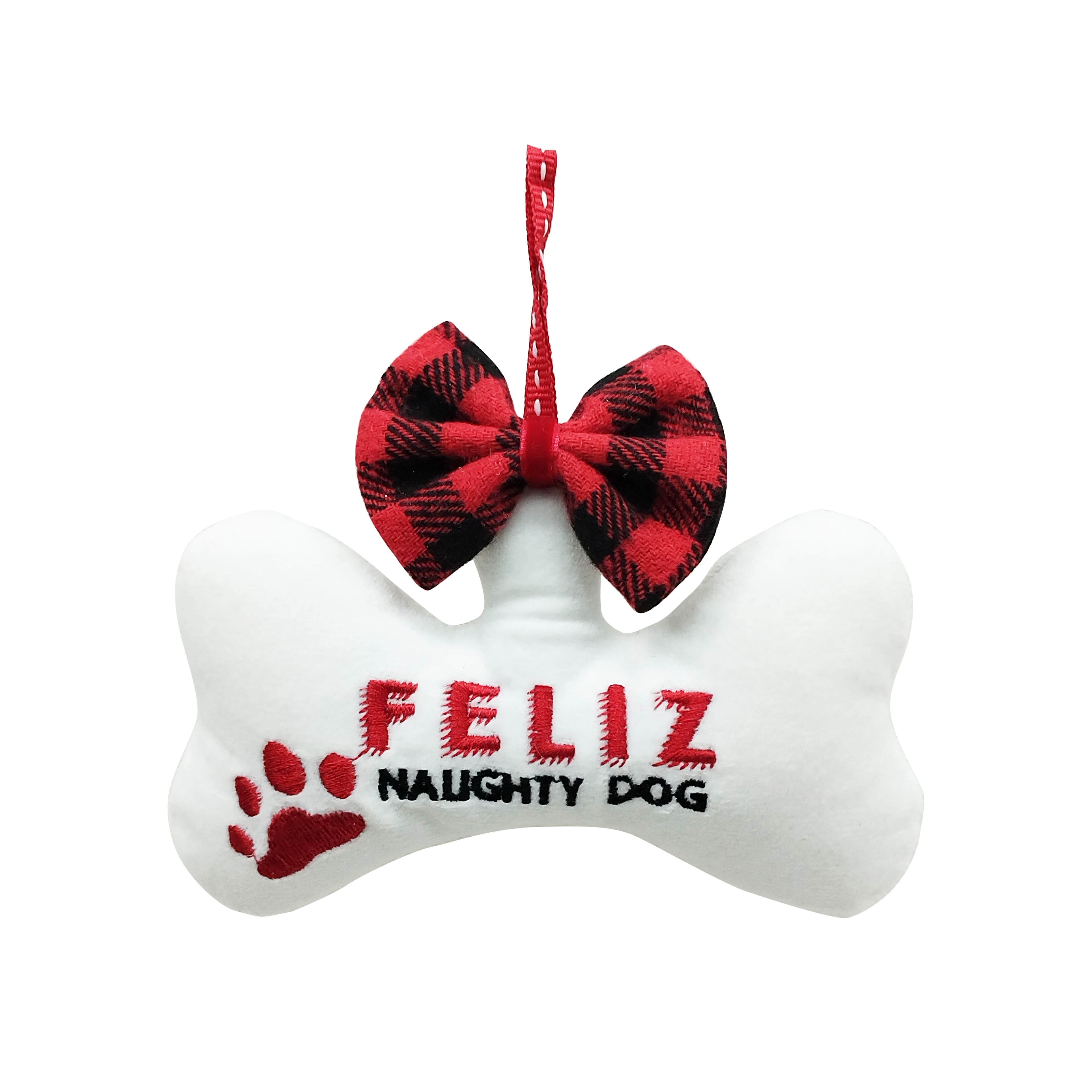 5.25&#x22; Feliz Naughty Dog Bone with Bow Felt Ornament by Ashland&#xAE;