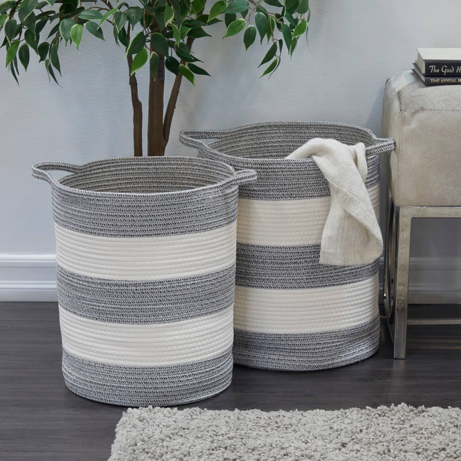Gray Cotton Handmade Striped Storage Basket with Handles Set of 2 19", 19"