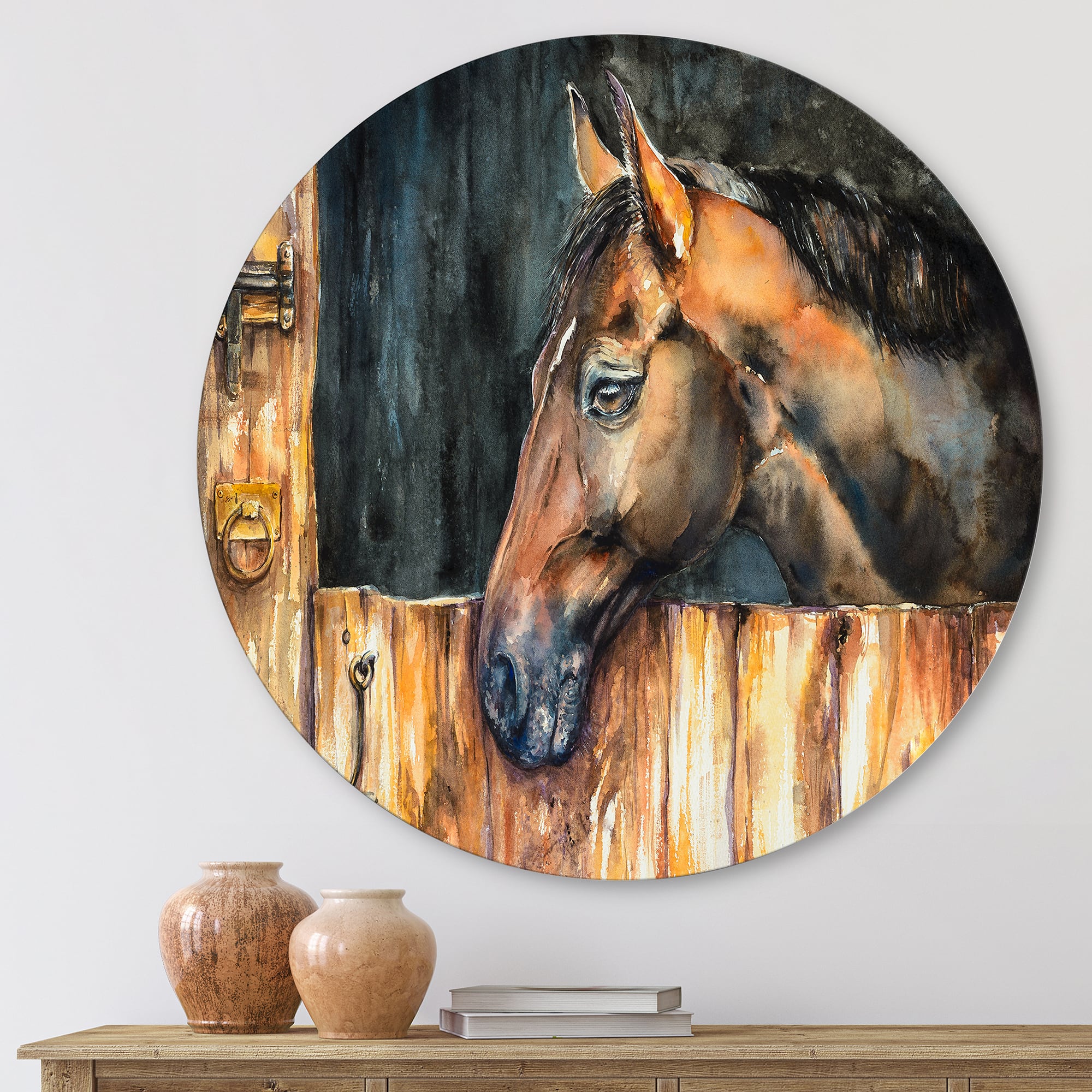 Designart - The Head of A Horse In Stable - Farmhouse Metal Circle Wall Art