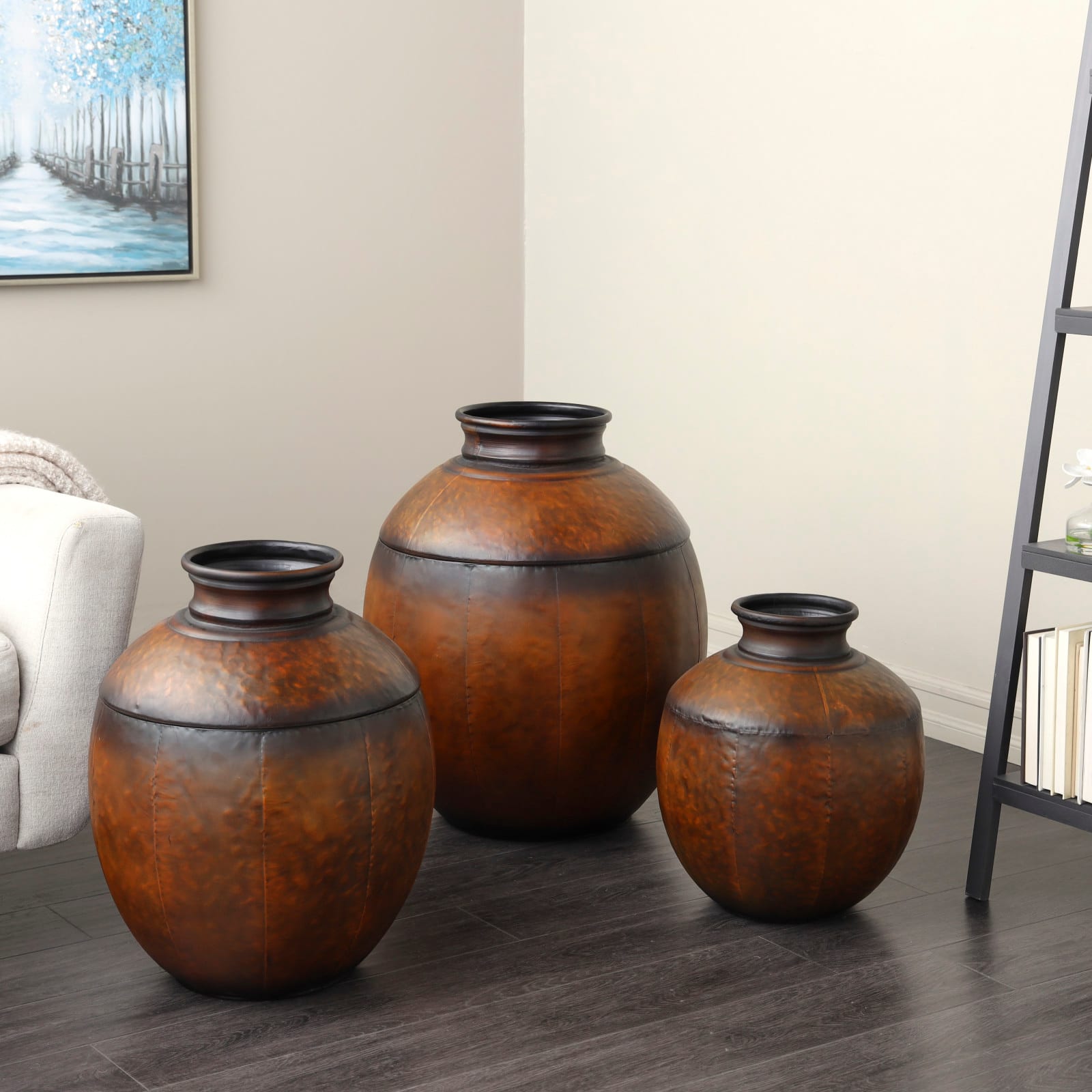 Brown Metal Antique Style Round Pot Floor Vase Set