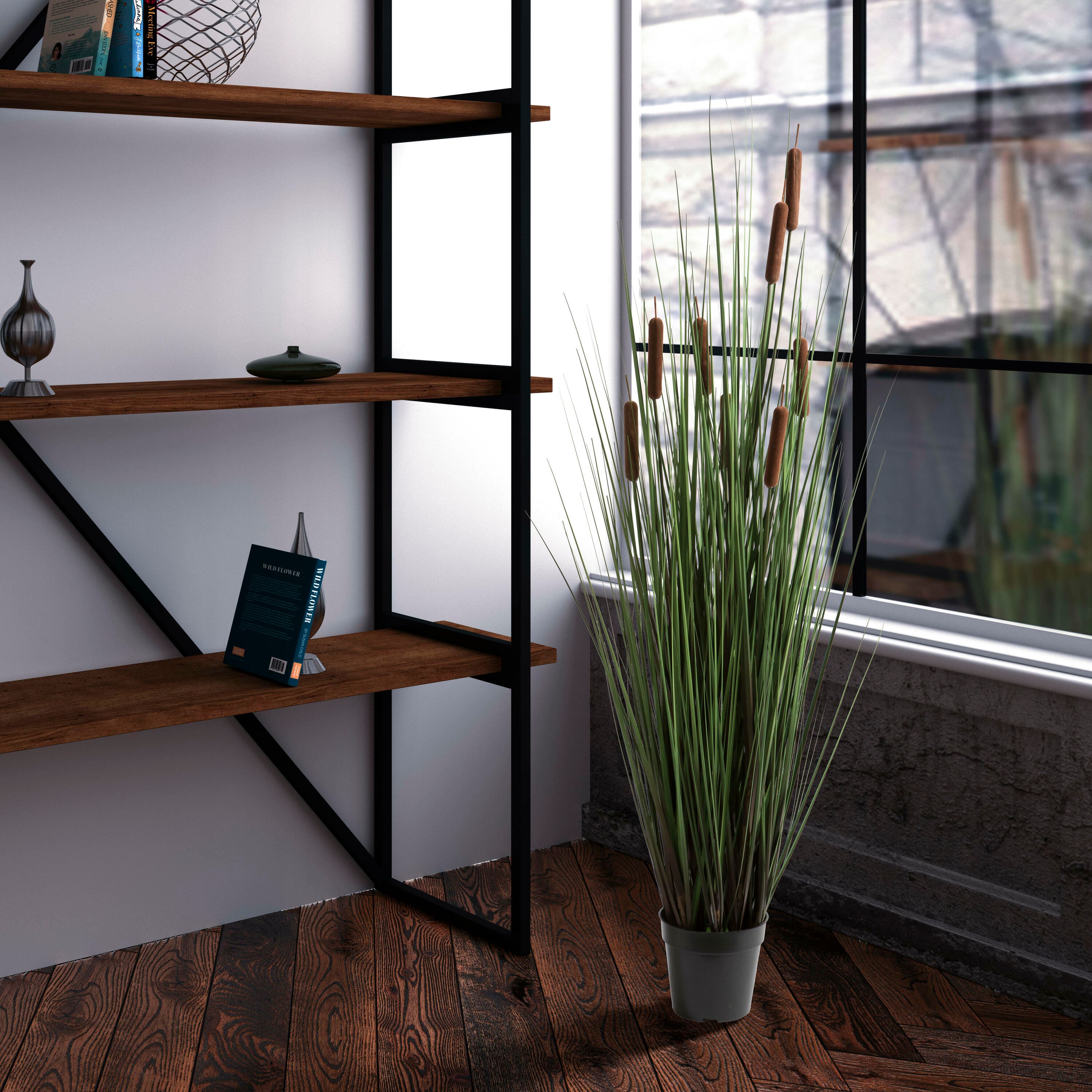 Potted Green Straight Grass &#x26; Cattails