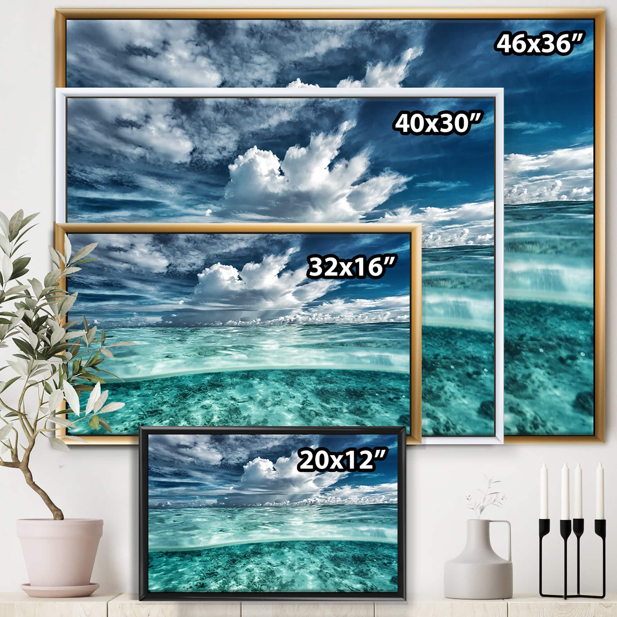 Designart - Amazing Underwater Seascape And Clouds - Nautical &#x26; Coastal Canvas Wall Art Print in Black Frame