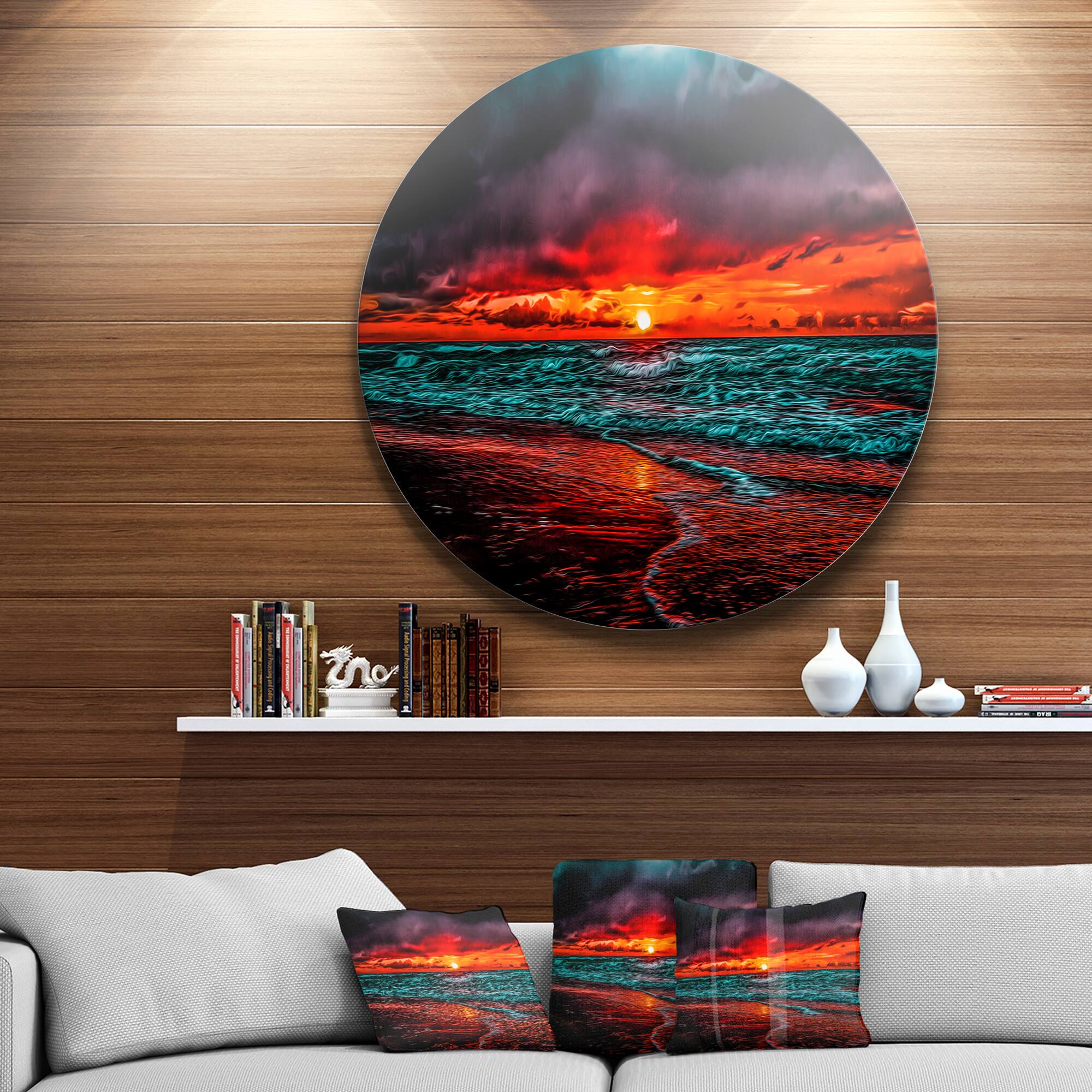 Designart - Red Sunset over Blue Waters&#x27; Ultra Vibrant Seascape Metal Circle Wall Art