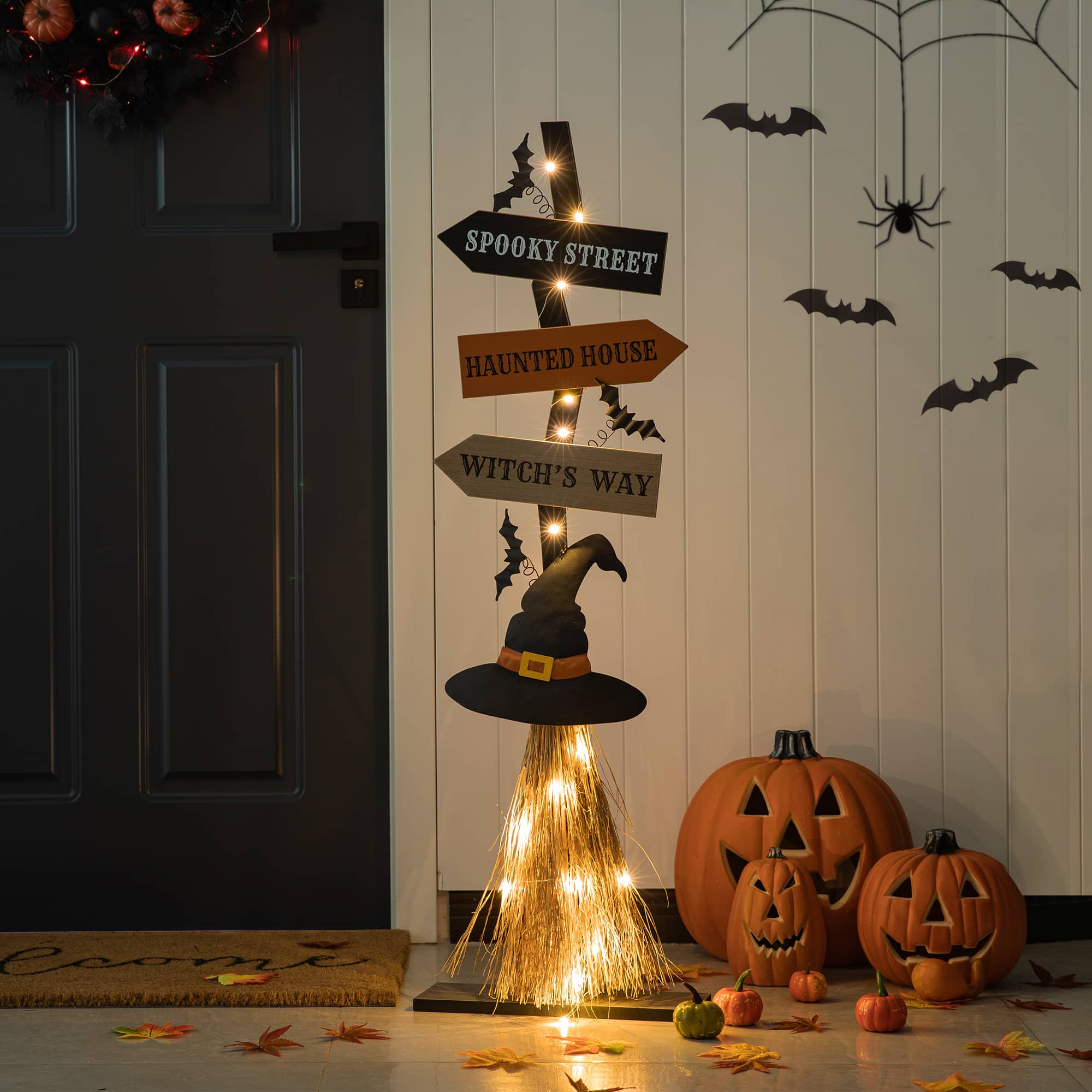 Glitzhome&#xAE; 42&#x22; Lighted Halloween Witch&#x27;s Broom Porch D&#xE9;cor with Timer