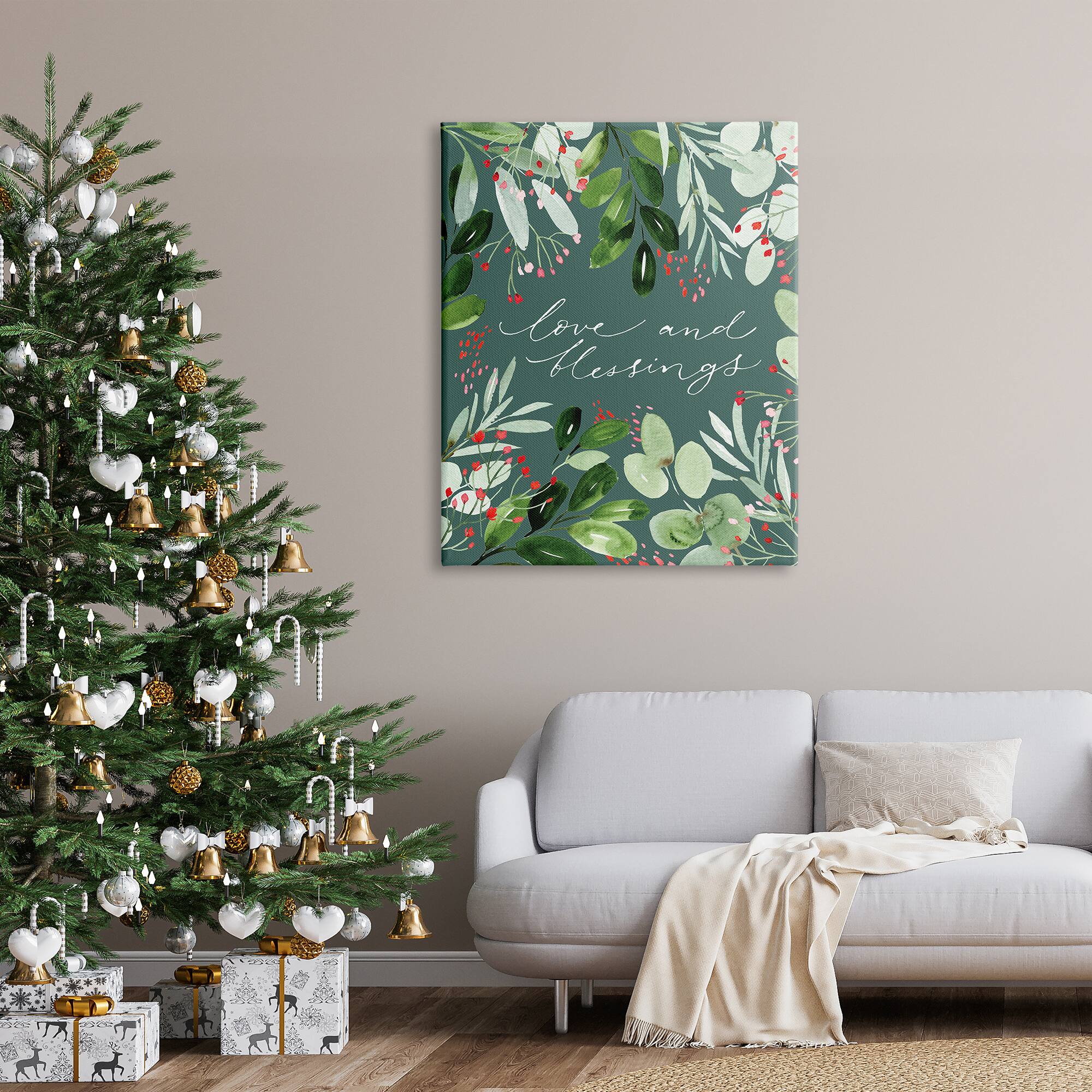 Stupell Industries Love & Blessings Green Floral Leaves Canvas Wall Art